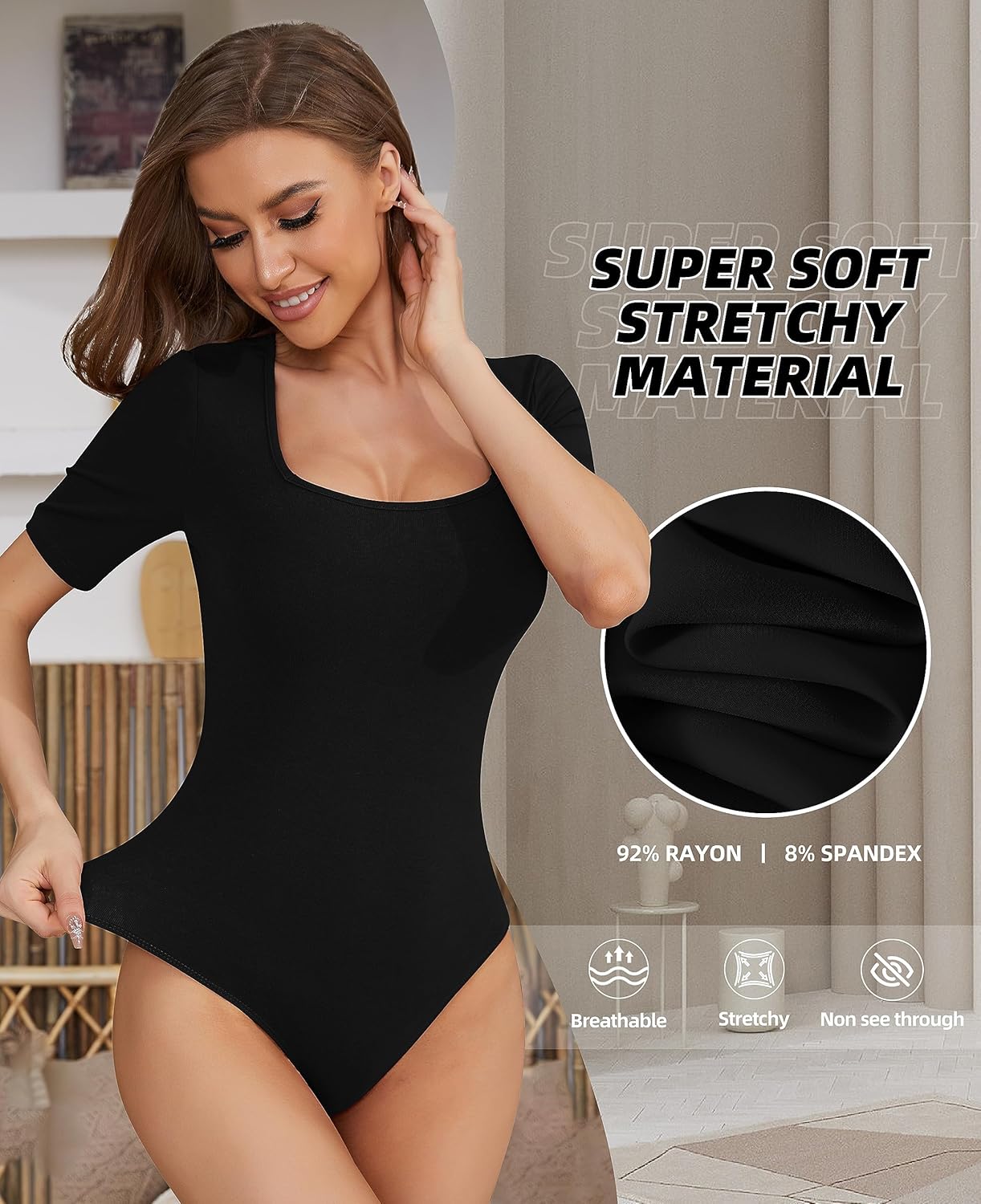 TQD Women's Square Neck Bodysuit Short Sleeve Bodysuit for Women Elbow Sleeve Tshirt Body Suit Top - Image 3