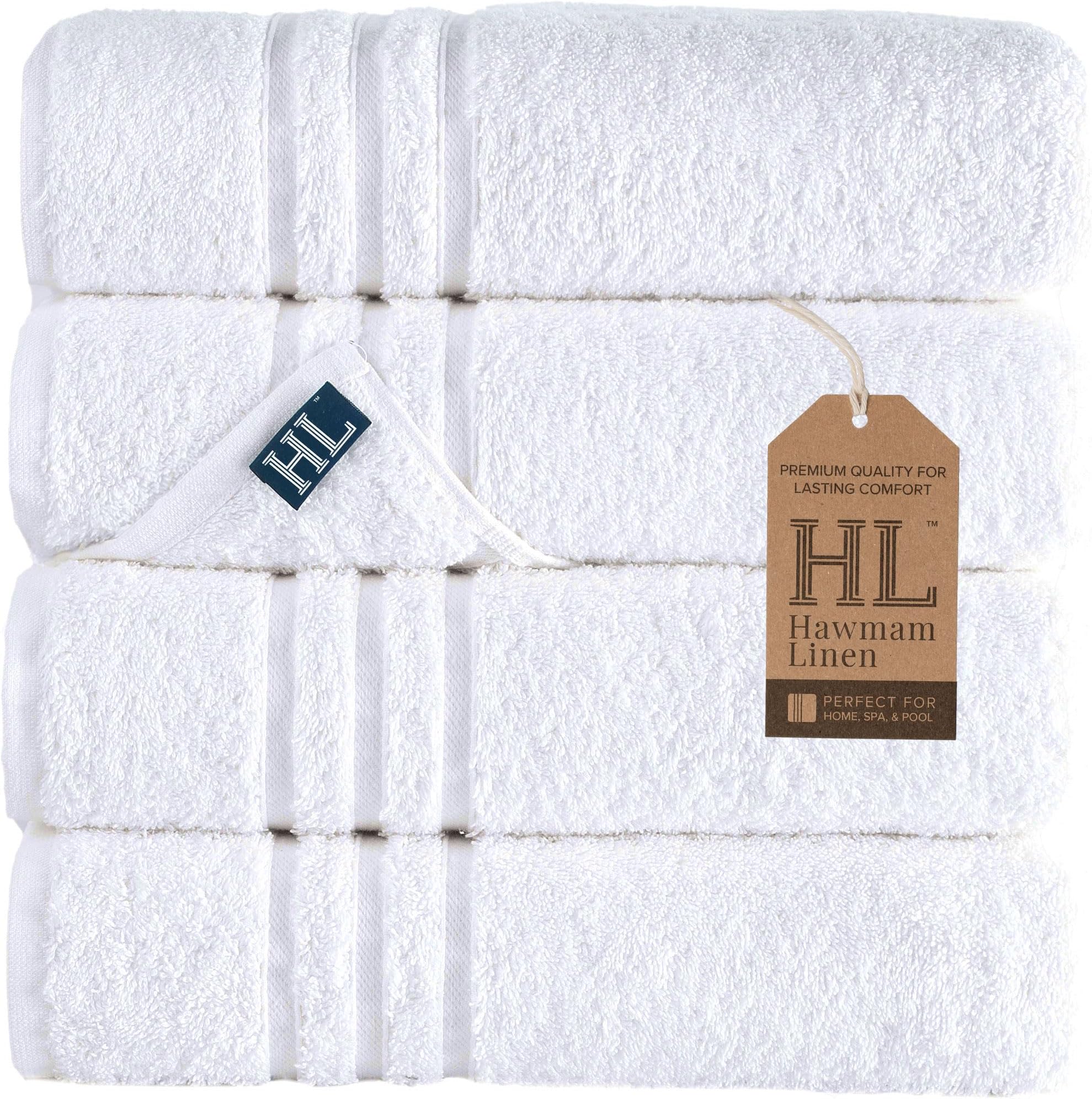 Hawmam Linen White Bath Towels 4 Pack 27 x 54 Inches 100% Turkish Cotton Soft Lightweight and Highly Absorbent Quick Drying Towels, Premium Quality Perfect for Daily Use