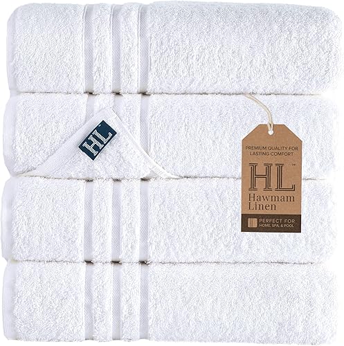 Hawmam Linen - Paquete de 4 toallas de baño blancas de 27 x 54 pulgadas, 100% algodón turco, suaves, ligeras y altamente absorbentes, toallas de