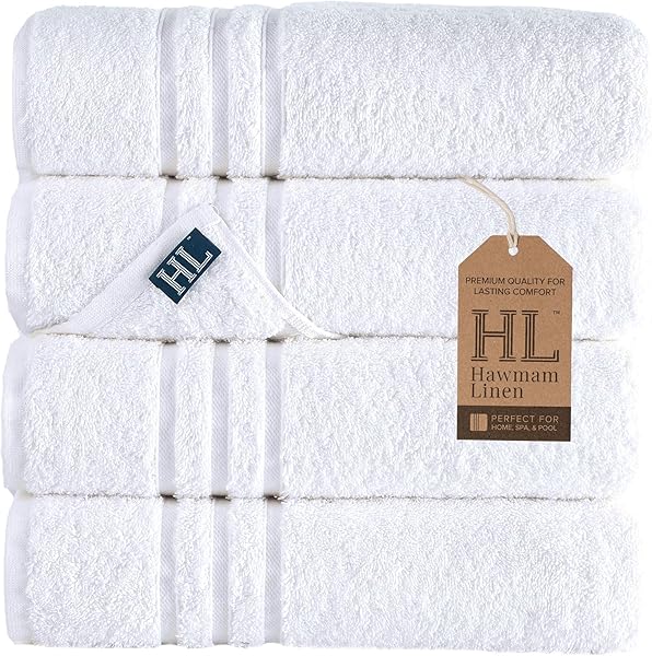 Hawmam Linen White Bath Towels 4 Pack 27 x 54 Inches 100% Turkish Cotton Soft Lightweight and Highly Absorbent Quick Drying Towels, Premium Quality Perfect for Daily Use