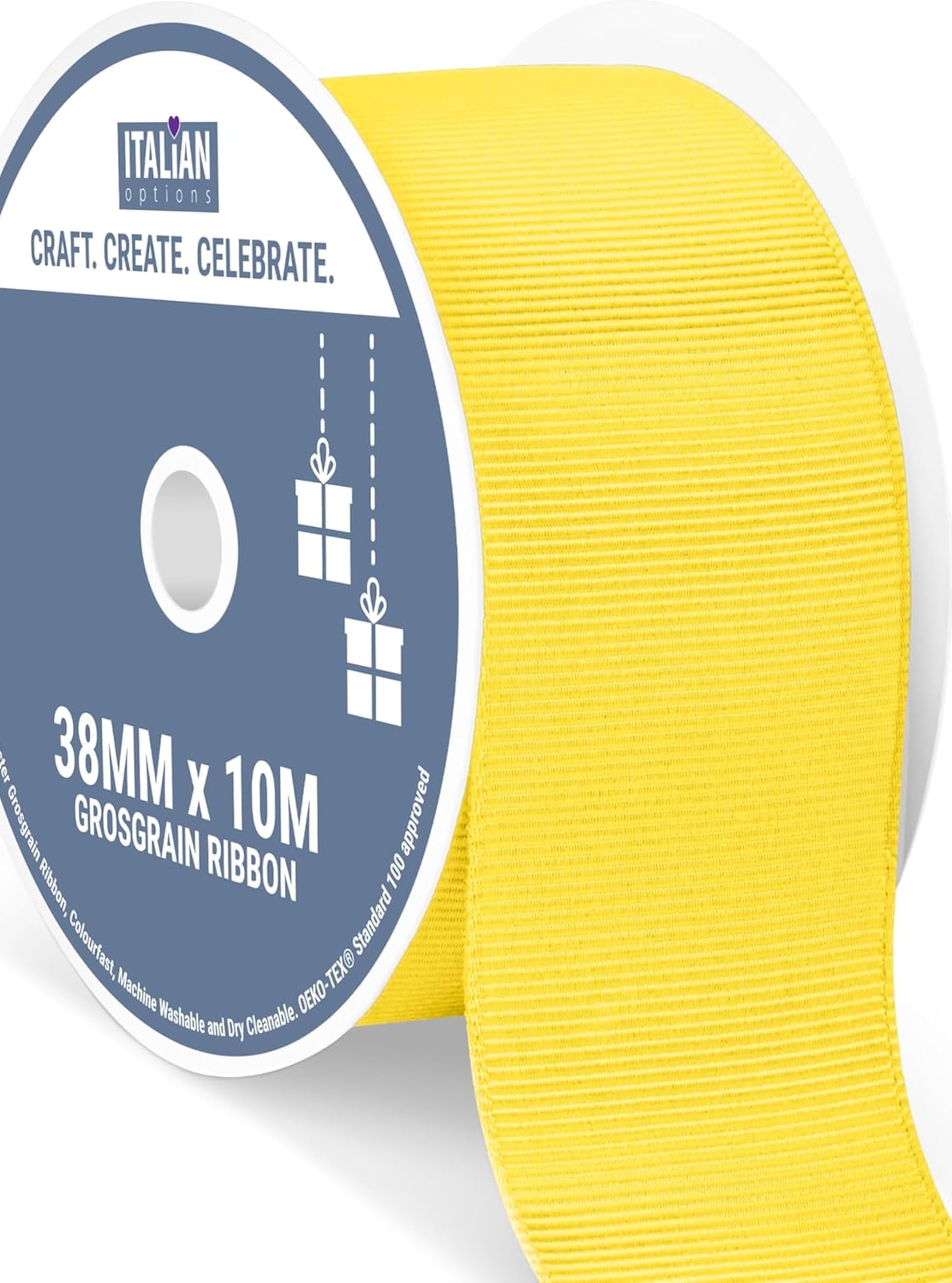 Italian Options Grosgrain Ribbon 38mm, Strong Plain Yellow Ribbon for Bows, Wedding, Crafting, Sewing, Hair Accessories, Gift Wrap, 38 mm x 10 Metre Roll, Yellow