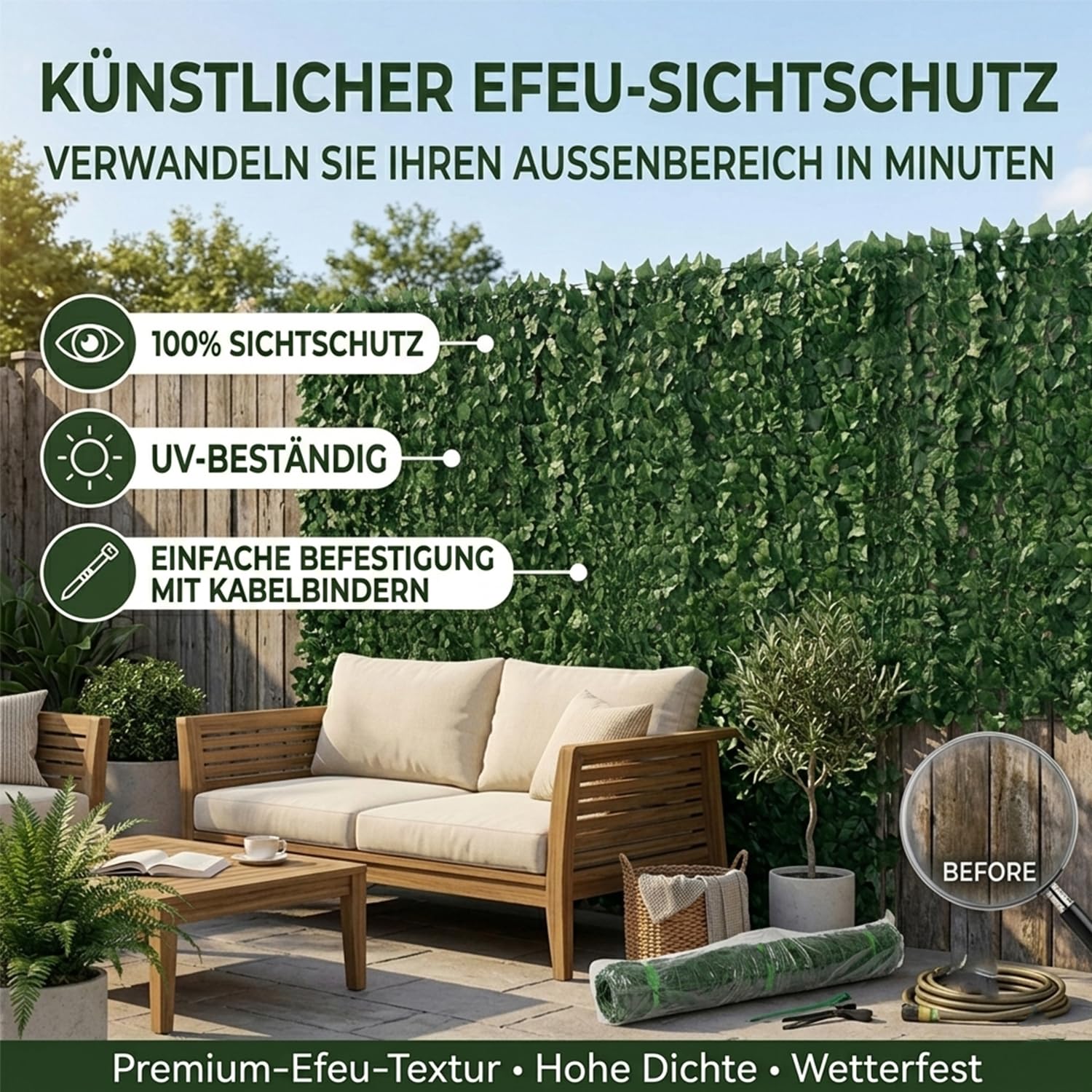 Künstliche Efeu Garten Sichtschutz,Balkon Sichtschutz,Künstliche Efeu Blatt Dekoration für Gartenhecken Balkon Außendekoration 100 x 300 cm