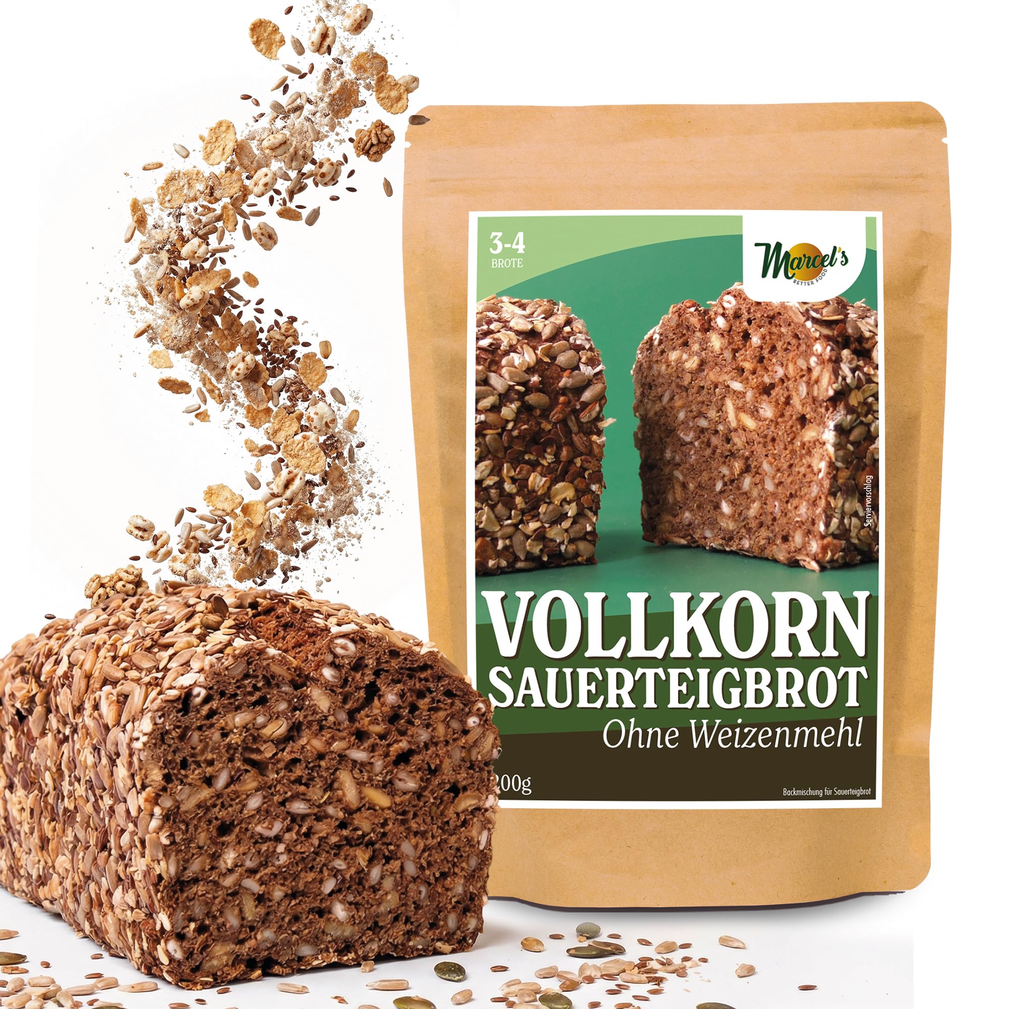 Marcel's Vollkorn Sauerteigbrot ohne Weizenmehl (1200g für 3-4 Brote)| Brotbackmischung mit Sauerteig & Roggenmehl | Sättigend & leicht verdaulich | In 1 Minute zubereitet
