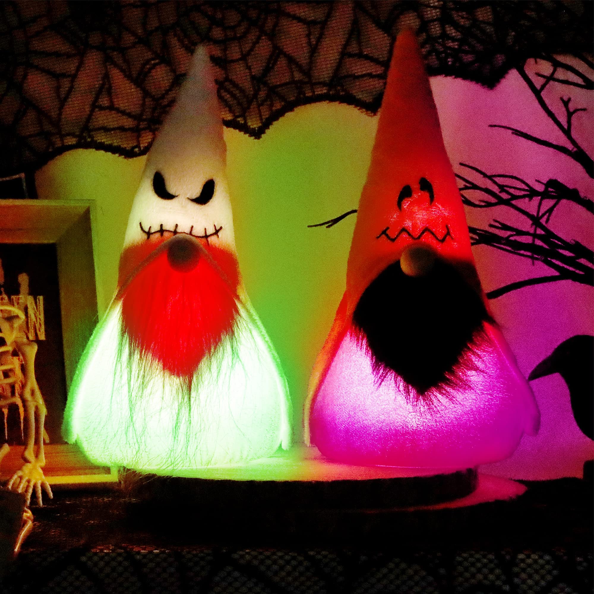 DR.DUDU Halloween Tabletop Decorations Set of 2 Gnome with Color Changing LED Lights, Scandinavian Tomte Swedish Gnome Nisse Plush Doll Gift for Home Kitchen Table Party Decor