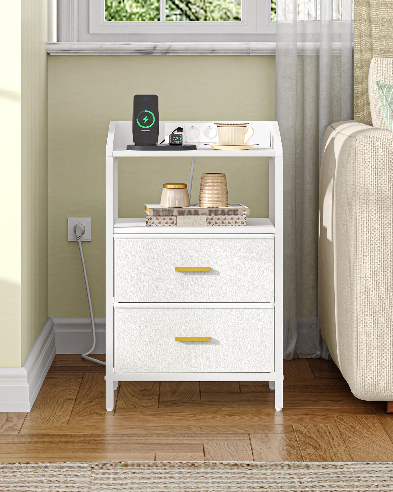 Hzuaneri Table de Chevet Lot de 2, avec Éclairage LED, Table de Nuit avec 2 Tiroirs de Rangement en Tissu, Tables d'appoint avec Ports USB et 2 Prises CA, pour Chambre, Blanc NS36213W