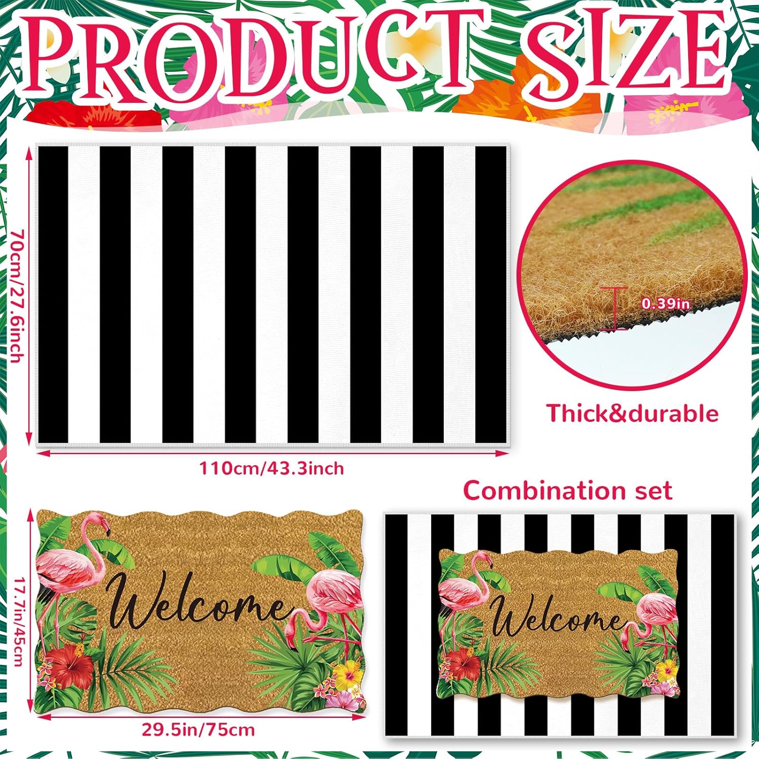 2 Piece Summer Door Mat Combo Set 100% Coco Coir Tropical Flamingo Welcome Mat and 28 x 40 Inch Black White Striped Rug Layering Front Door Rug for Entrance Front Porch Outdoor Decor Gifts