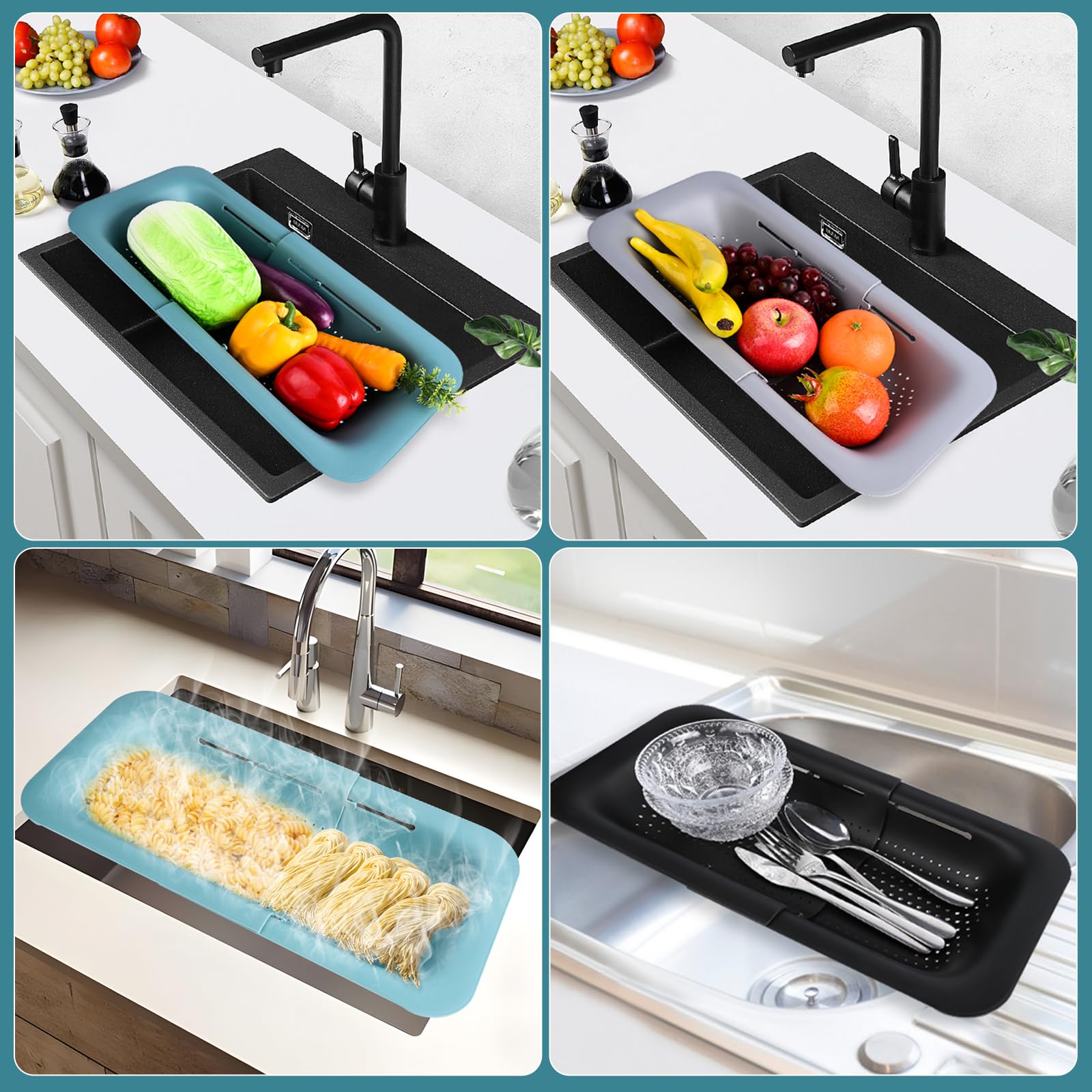 Dreamhigh® Zestaw 2 sitek do zlewu, sitko kuchenne z możliwością wysuwania (36,5-49,5 cm), kosz na sitko nad zlewem, nie zawiera BPA, do mycia warzyw i owoców, odsączania ugotowanego makaronu