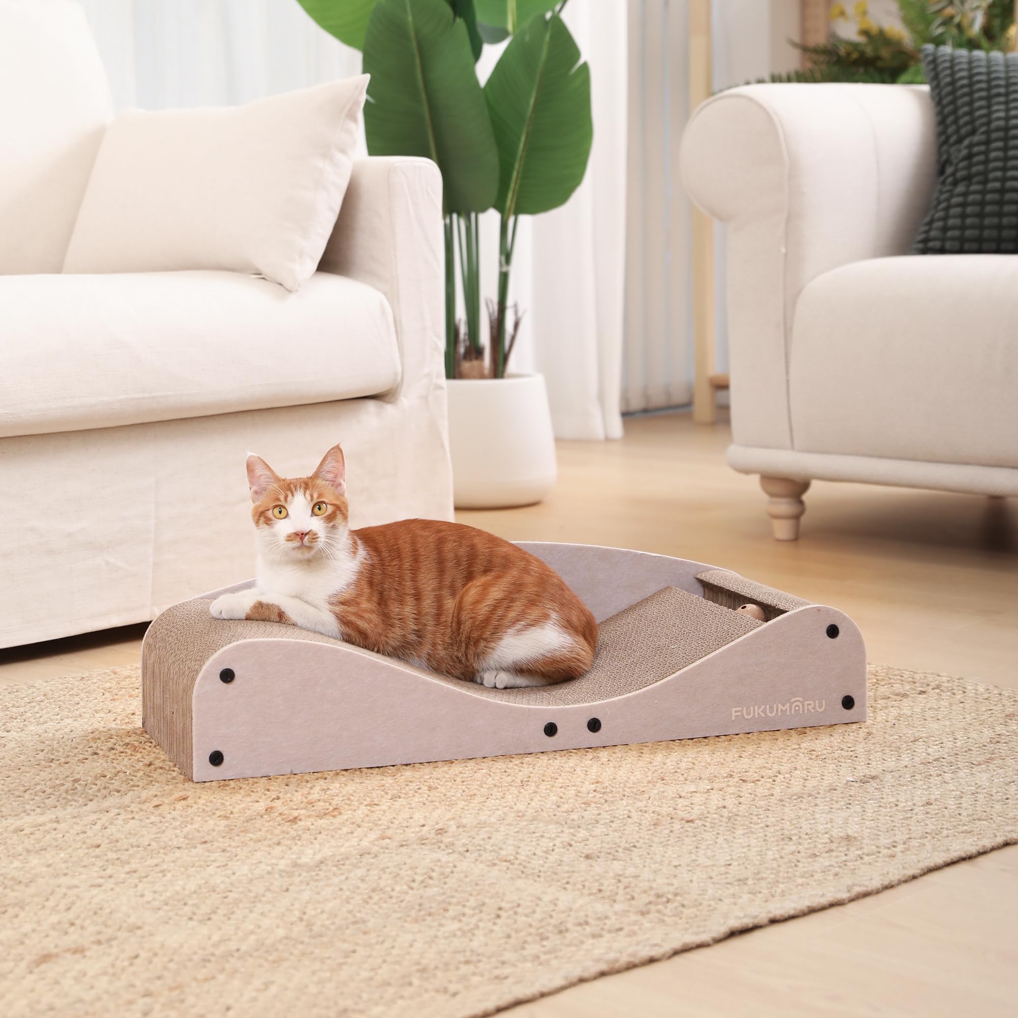 FUKUMARU Rascador para Gatos, 74 cm, cartón y Fieltro Resistentes, Gran Superficie para tumbarse, rascador reciclable de cartón Ondulado con Pelota, Camello
