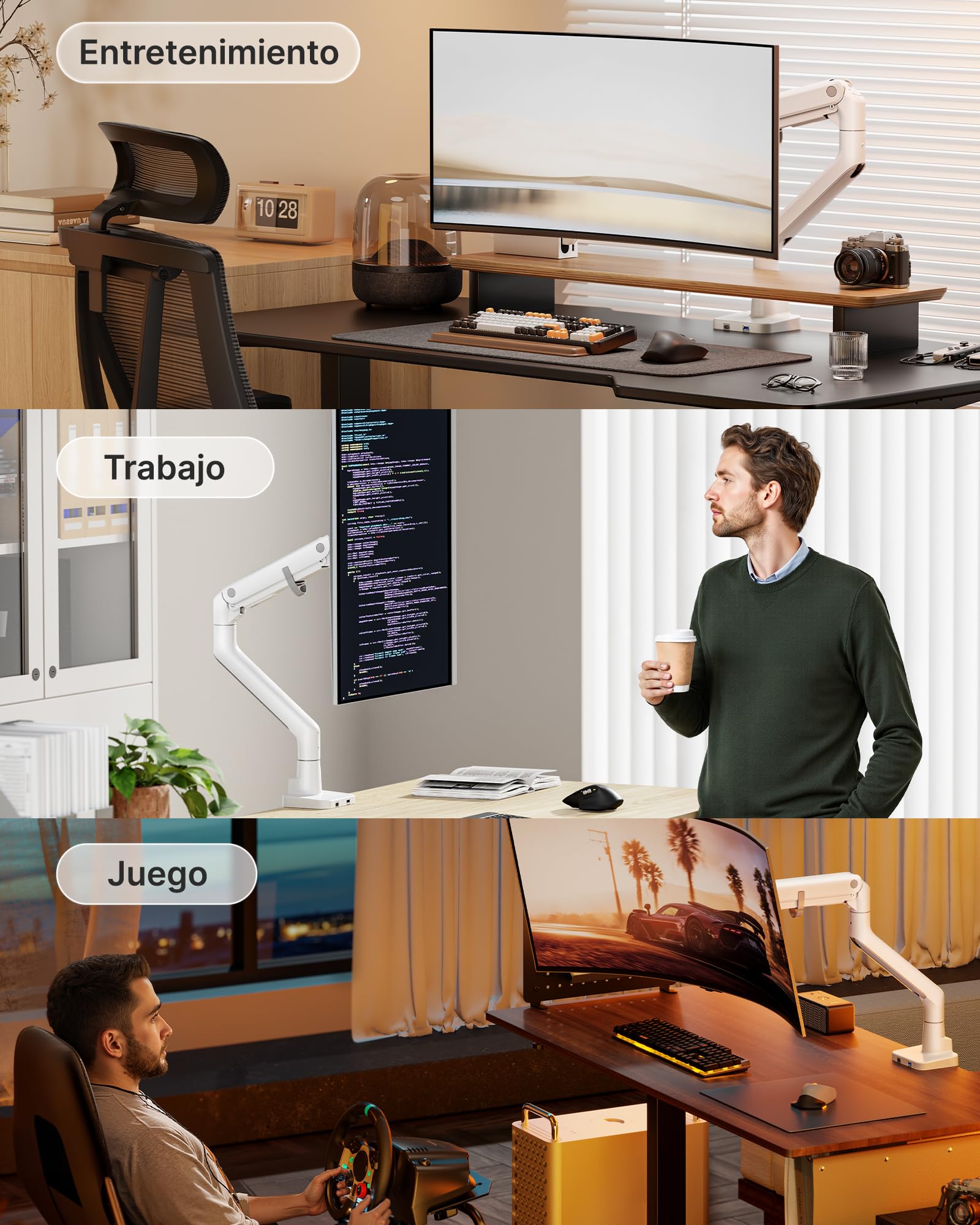 monTEK Soporte Monitor Reforzado para 17-57", hasta 27 kg | Brazo con resorte de gas, altura ajustable y movimiento completo para monitores ultrapanorámicos, VESA 75x75/100x100, blanco.