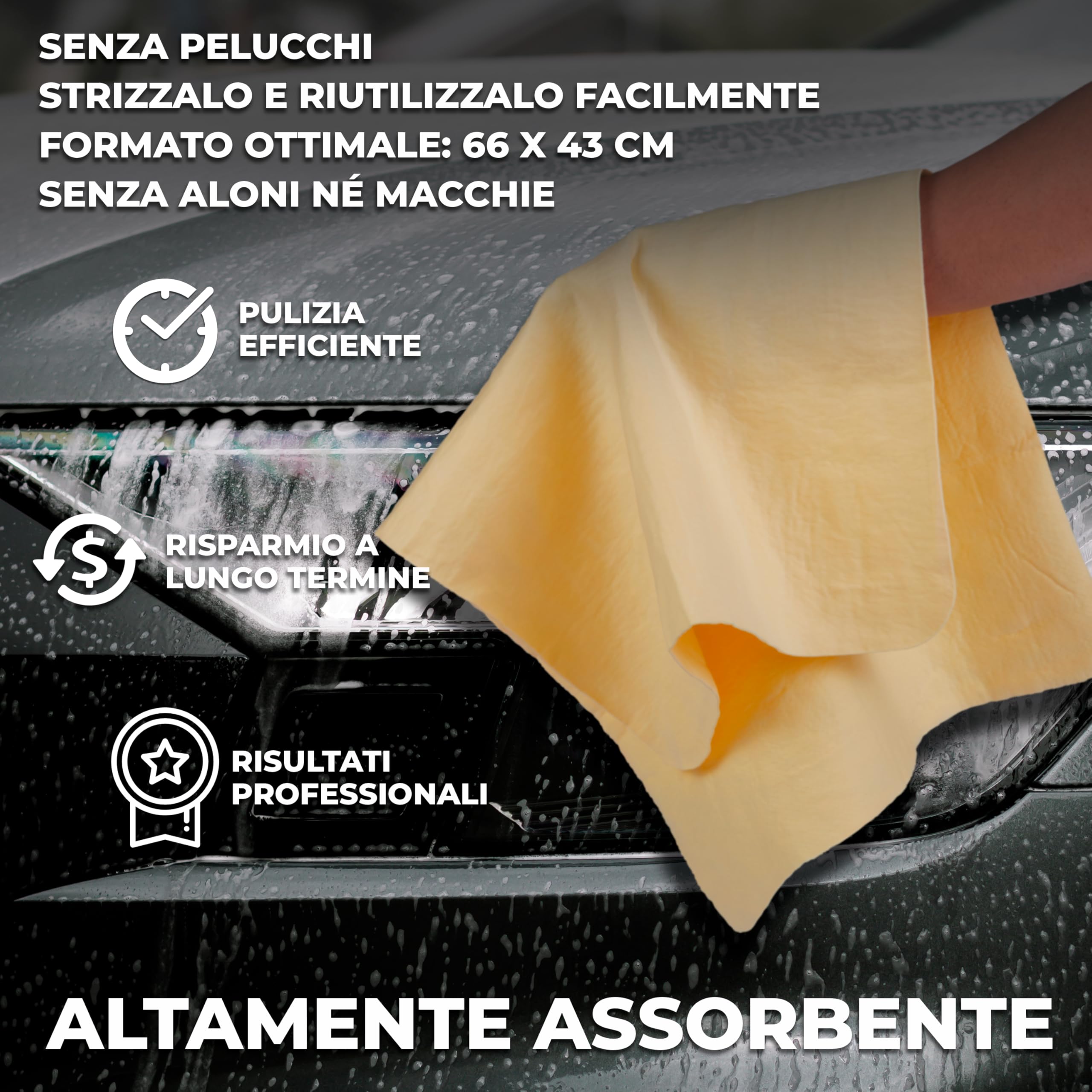 Panno Asciugatura Auto Ultra Assorbente - Set 4x Panni Microfibra 40x40 + 1 Pelle di Daino 66x43-600GSM, No Aloni, Interni-Esterni