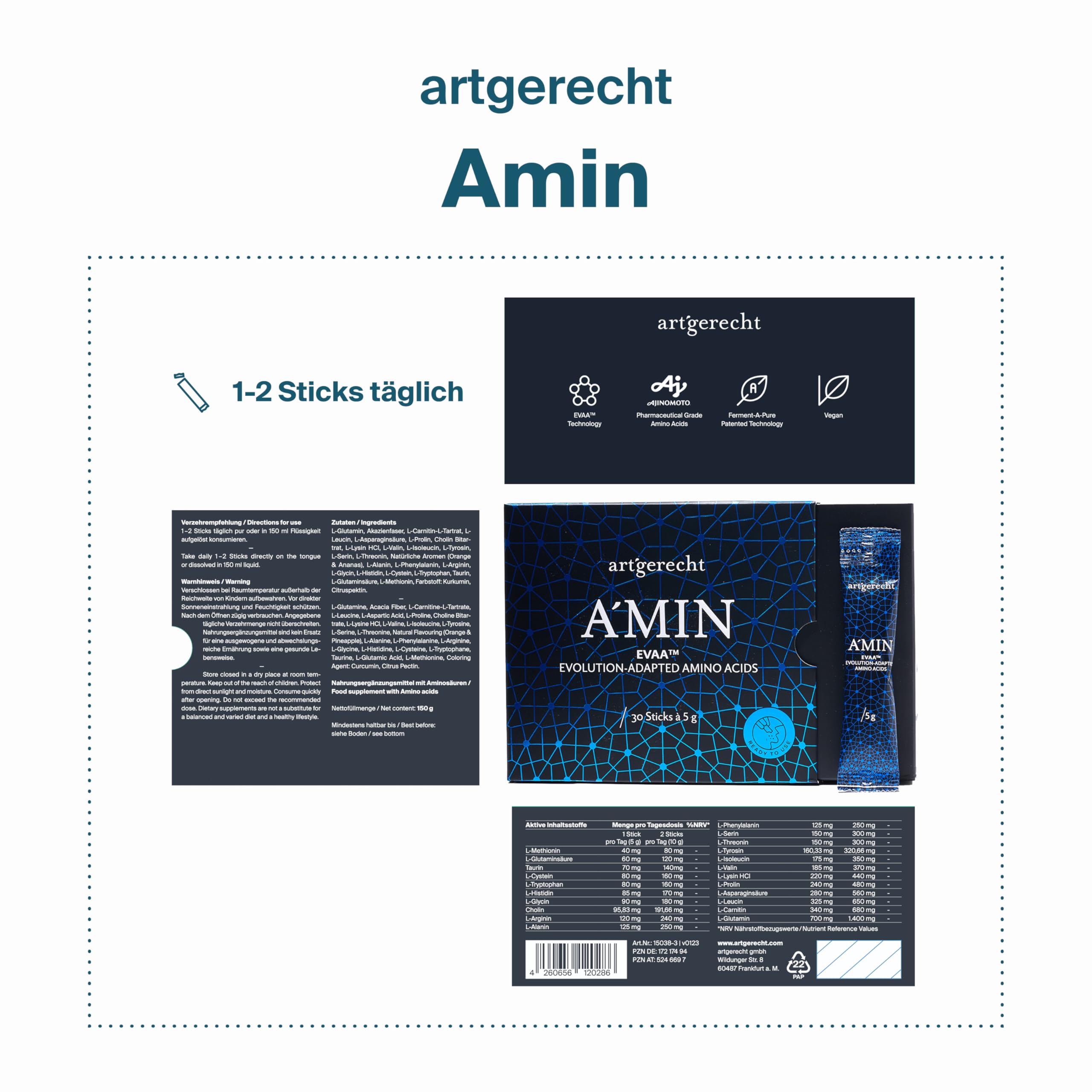 AMIN - Complexe d'acides aminés brevetés EVAA avec BCAA et EAA | 30 bâtonnets pratiques, Tropical | Idéal pour le développement musculaire et la régénération | Poudre de protéines 100 % végétaliennes
