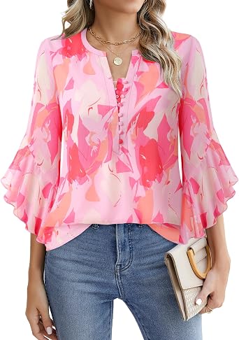 Timeson 3/4 Length Sleeve Womens Blouses Dressy Casual Button Down V Neck Pullover Tops