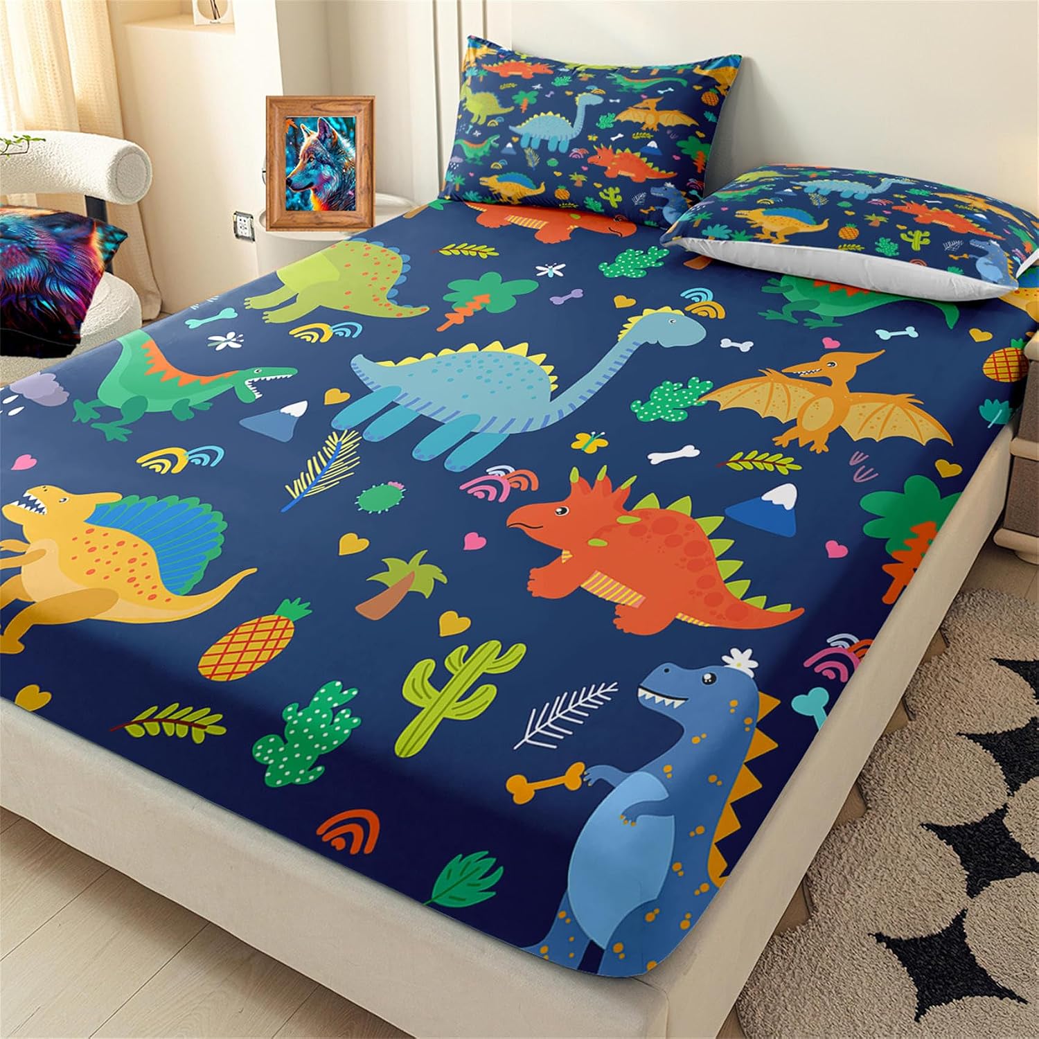 Dinosaur Twin Bedding Set - 3Pcs Boys Bedroom Set with 1 Fitted Sheet, 1 Flat Sheet & 1 Pillowcase in Blue Cartoon Dinosaur Pattern