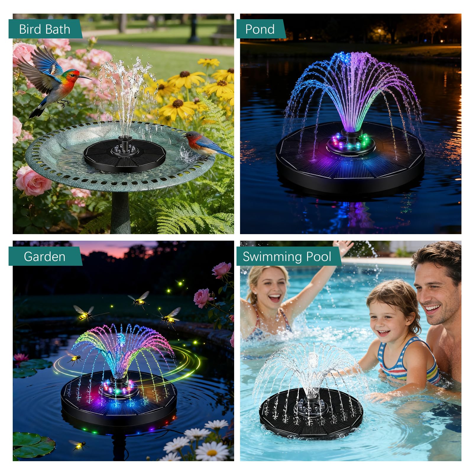 Fuente Solar Jardin Exterior Bomba de Estanque Agua Solar y 8 Boquillas y 12 Leds Colorido para Baño de Pájaros, Estanque para Jardines, Piscinas, Estanques de Peces