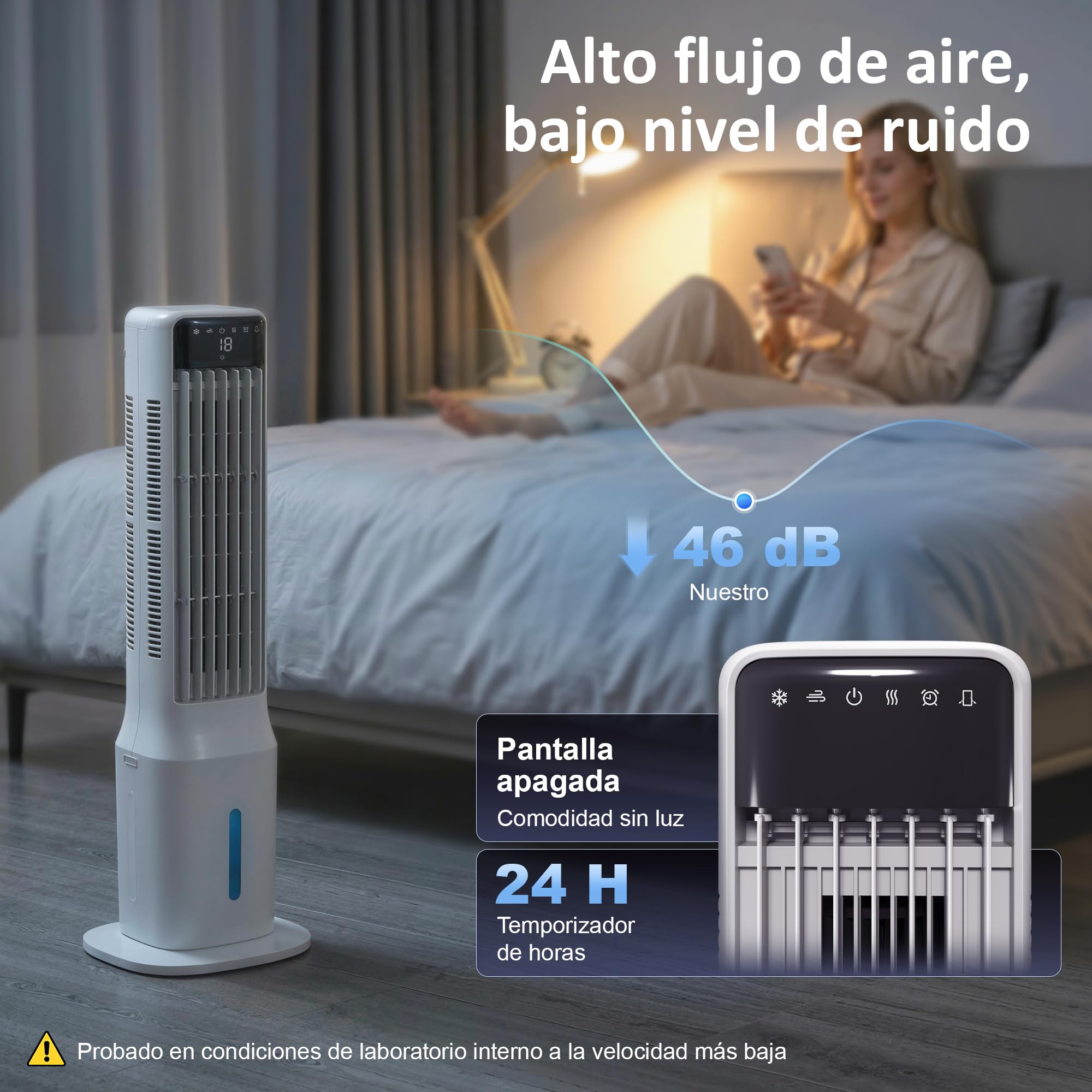 HOMCOM Climatizador Evaporativo de Torre 3 en 1, Enfriador de Aire Portátil con Depósito de 9 L, Oscilación 48°, 3 Velocidades, 3 Modos, Temporizador 24h y Mando a Distancia, 4 Acumuladores de Frío