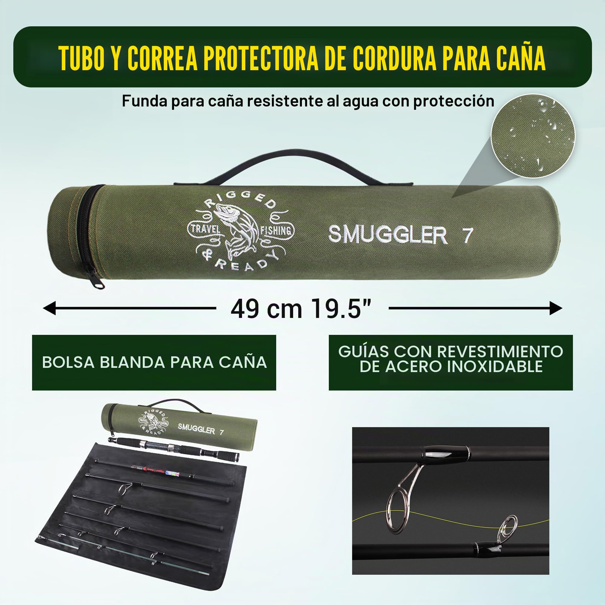 Rigged and Ready Smuggler Series Cañas de pescar. 5 longitudes de caña multifunción supercompactas únicas, con 2 o 4 puntas para pescadores de caña de viaje activos para peces de agua dulce y agua de