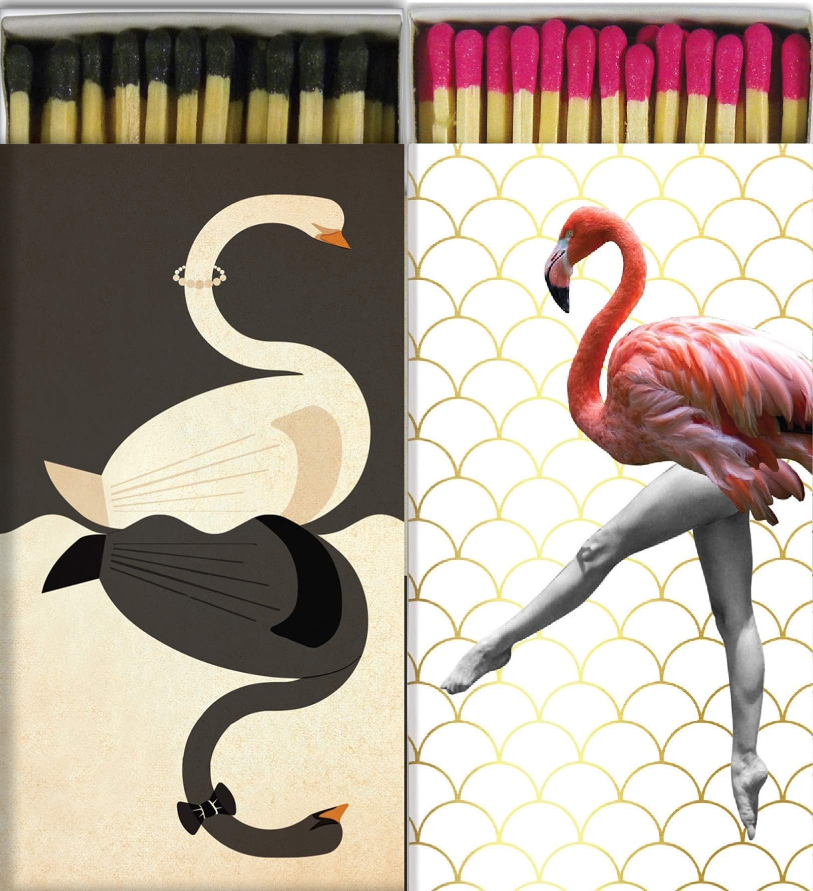 Decorative Swan and Flamingo Ballet Match Boxes with Long Kitchen Matches Great for Lighting Candles, Grills, Fireplaces and More | Set of 2 Large Match Boxes