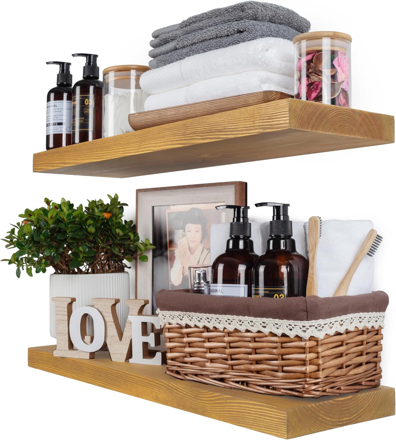 BGMG Wood Floating Shelves 24 inch, Wide Rustic Wooden Wall Shelves for Bathroom Living Room Bedroom Kitchen Farmhouse Set of 2-24x 6.7 x1.25 inch- Yellow Brown Yellow Brown 24 inch