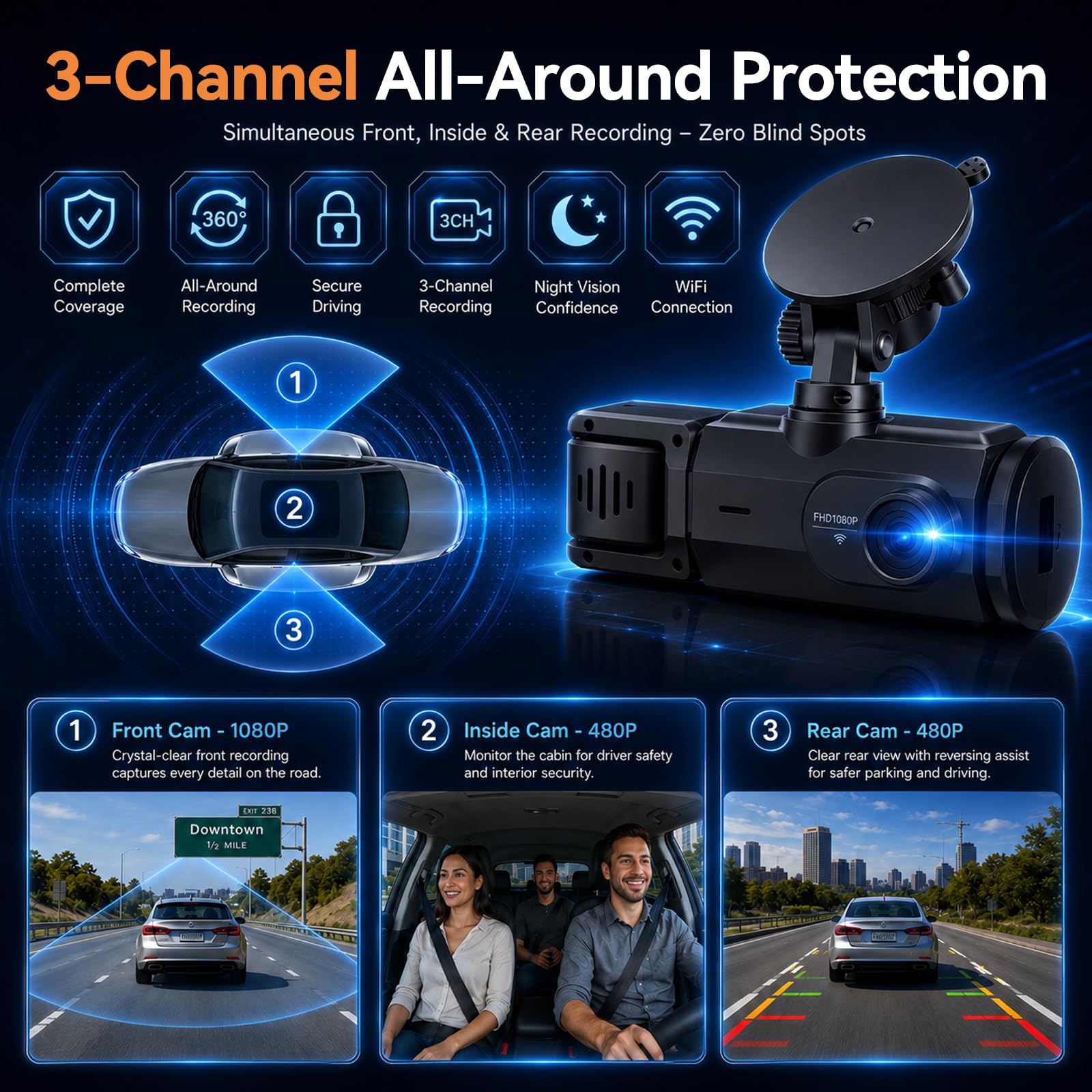 Dashcam 3 Canali Full HD, Mini Camera Auto con WiFi, App, Sensore Movimento | Display IPS 2" con Visione Notturna Avanzata WDR, Registrazione in Loop, Wi-Fi App Viidure, Monitoraggio Parcheggio H24