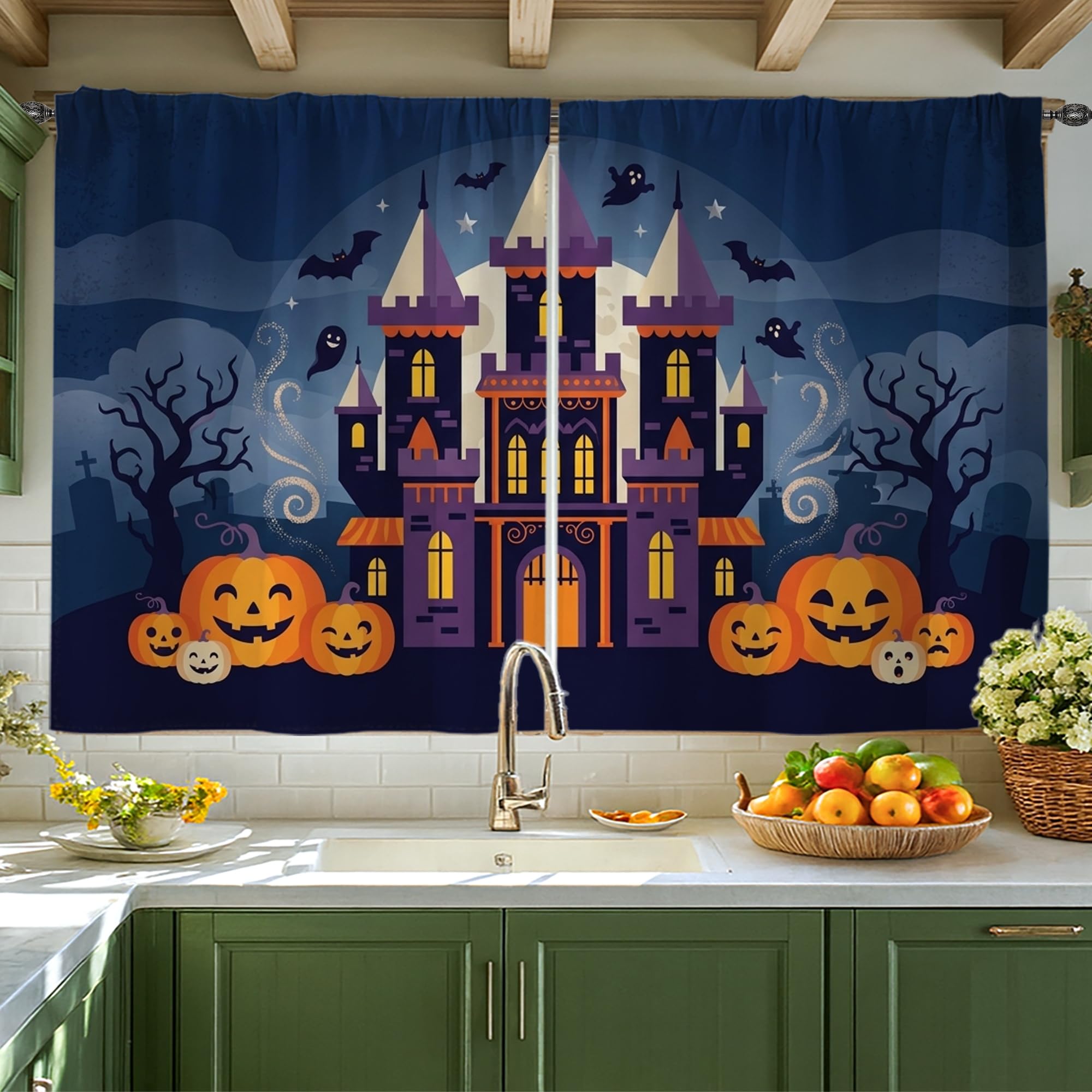 Rideaux de cuisine Halloween violet 106x114 cm rideau court fenetre château hanté