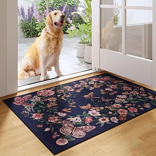 Rugcomf Alfombra para Puerta de Entrada Interior 2x3 Alfombra Lavable a Máquina Boho Floral Mariposa Alfombra de Área Pequeña Antideslizante Pelo