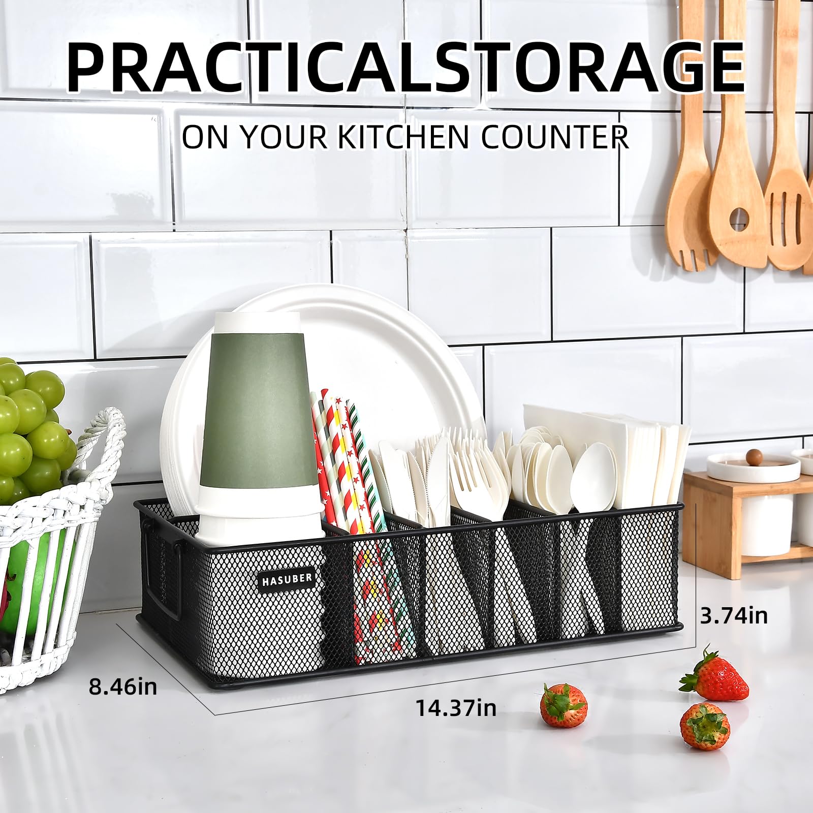Organizador de cubiertos con asa, organizador de utensilios de metal para encimera de cocina, 7 compartimentos para plato, taza, servilleta, dispensador de platos de papel para fiesta, picnic 2