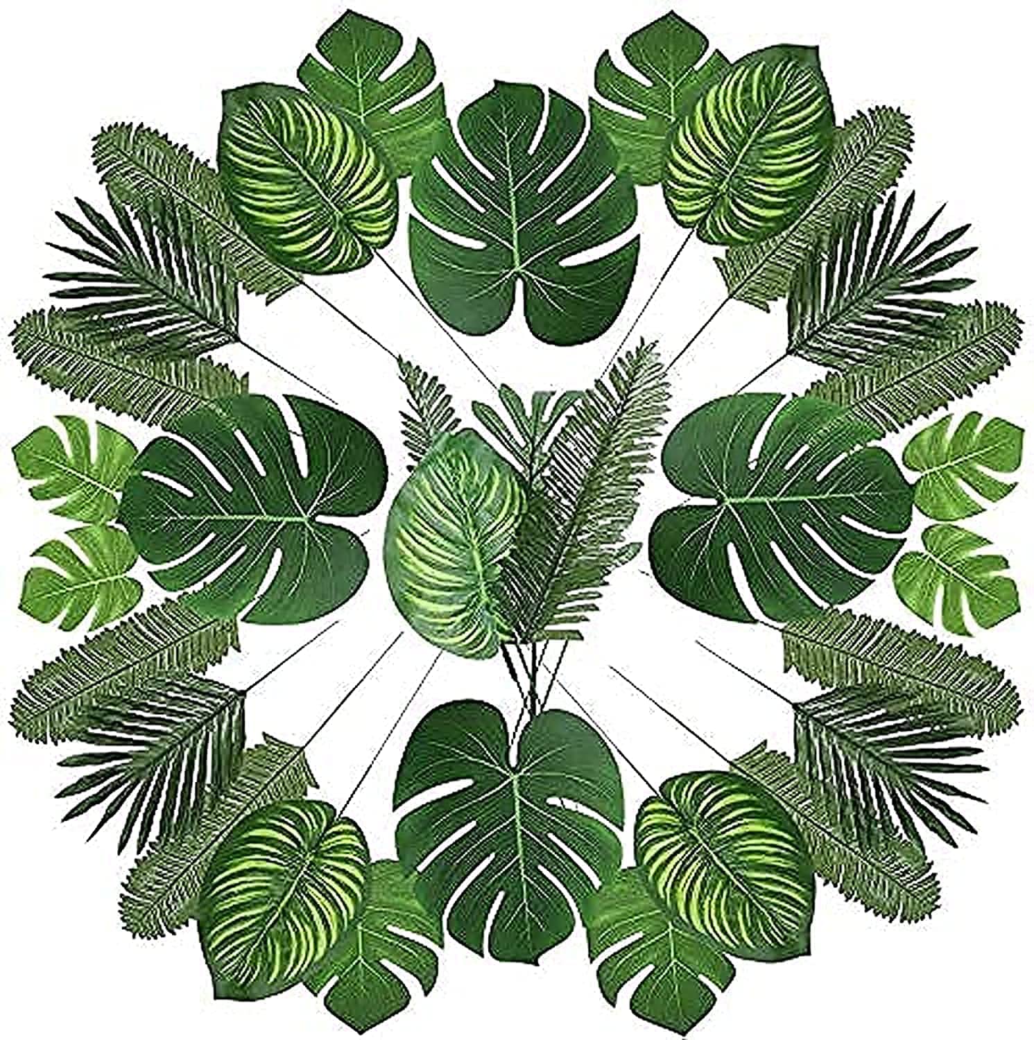 Artificial Palm Leaves with Faux Monstera Stems – 90PCS Tropical Greenery Jungle Safari Leaves, Hawaiian Luau Party Supplies, Beach Theme Table Decorations, Summer Wedding & Baby Shower Décor