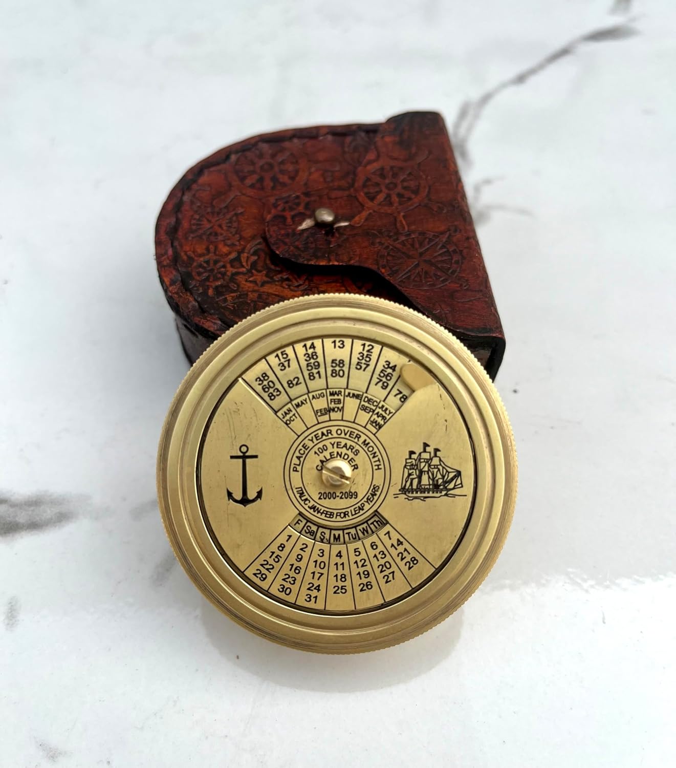 Vintage Style Brass Antique Compass with Leather Case Wanderful Engraved Design for Love Husband/Wife Valentine Day Gift Camping 2" in Compass with Calendar