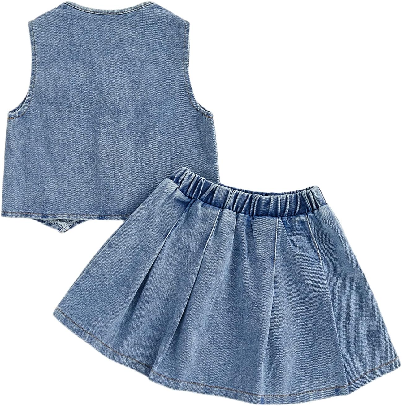 Kid Toddler Girls Denim Outfit Solid Color Button Down Vest Tops and Pleated Skirts Set 2Pcs Summer Clothes - Image 4