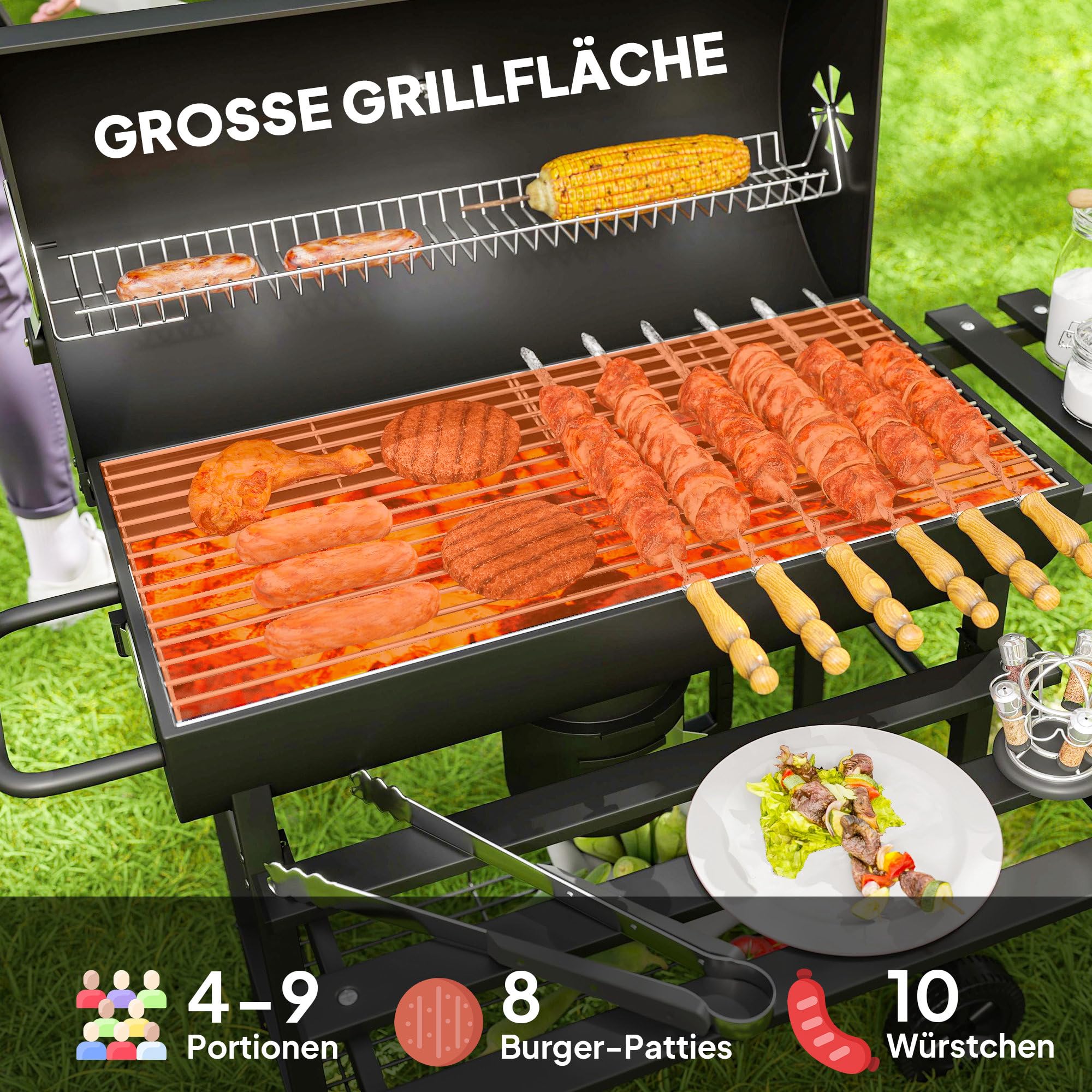 Outsunny Grill węglowy ze stali BBQ Smoker z pokrywą, uchwytami, termometrem, kółkami, mobilny grill węglowy, grill na węgiel drzewny do BBQ, campingu, tarasu i ogrodu 114 x 65 x 95 cm