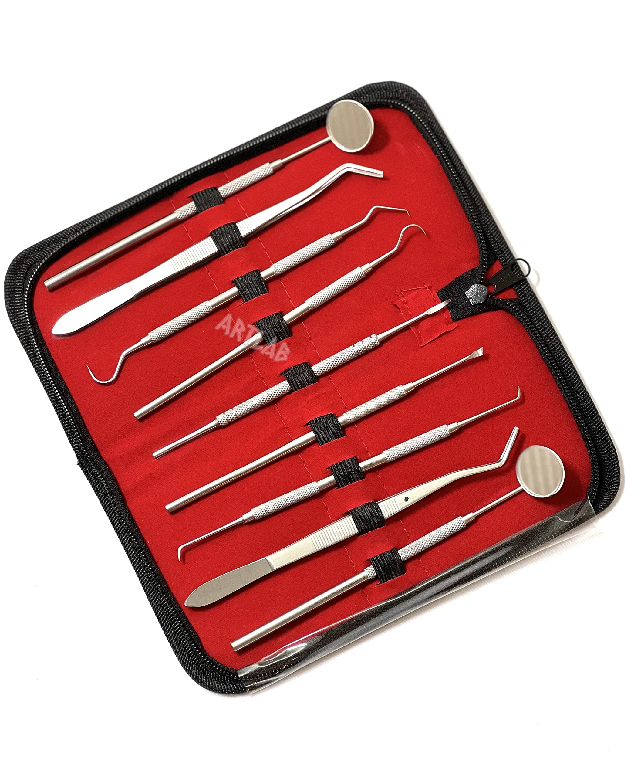 German Professional Dental Hygiene Kit-Calculus & Plaque Remover Set-Tarter Scraper,Tooth Pick,Dental Scaler And Mouth Mirror Instruments-Plaque Remover for Teeth (DENTAL SET OF 9 IN POUCH)