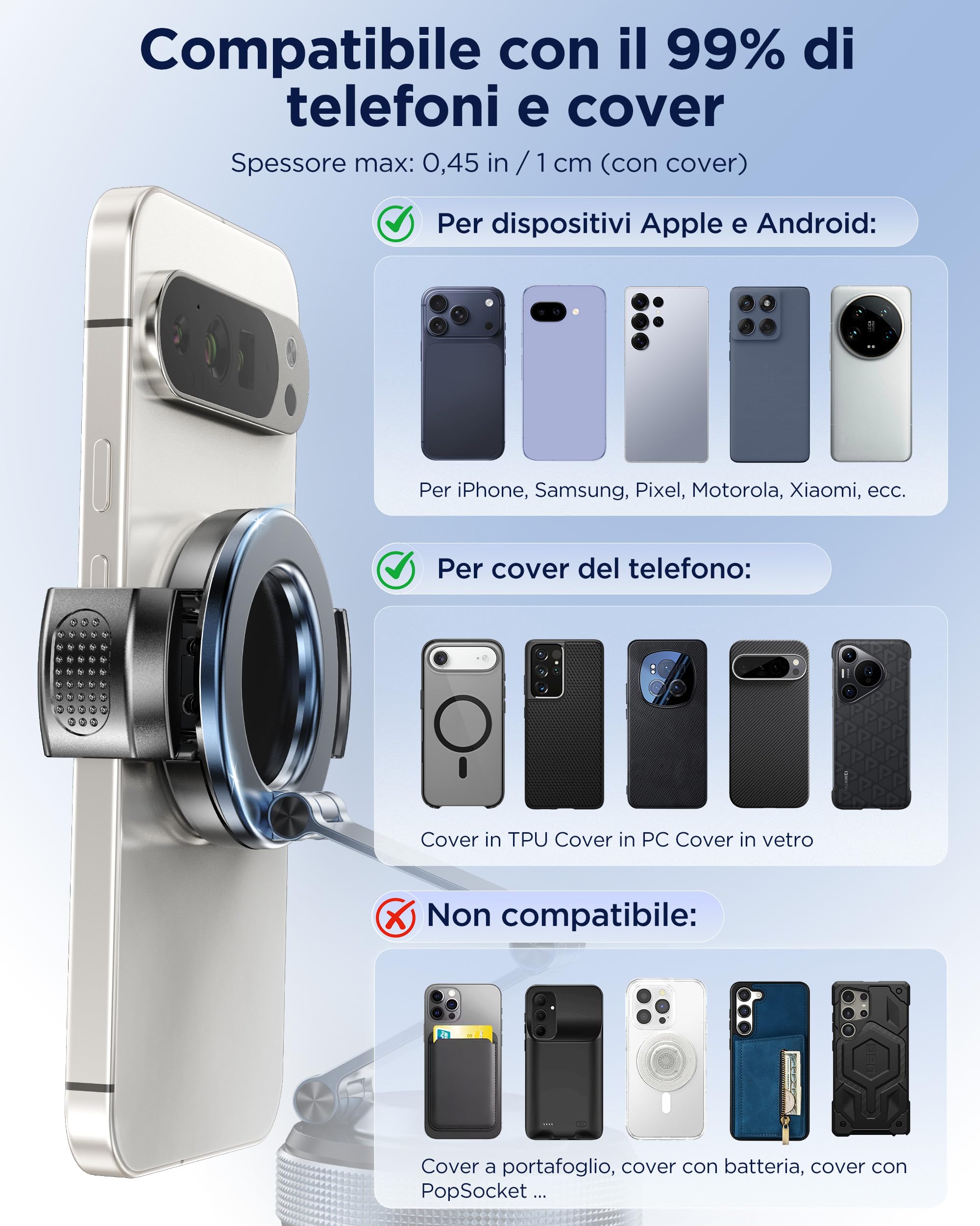 MSXTTLY Supporto Magnetico Auto con Clip Adattatore, Vmag-S3 Braccio Lungo + Clip, Senza MagSafe, Senza Anello, Posizione Flessibile, per iPhone e Android