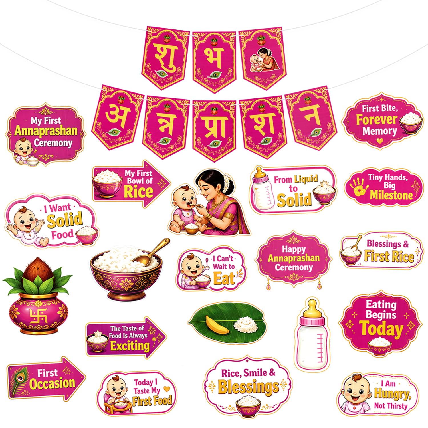 Rozi Decoration Annaprashan Decoration Kit for Baby First Rice Ceremony - Set of 21 Shubh Annaprashan Banner with Cutouts, Baby Milestone Party Decoration, Cardstock Hanging Banner & Photo Booth Décor-image-26