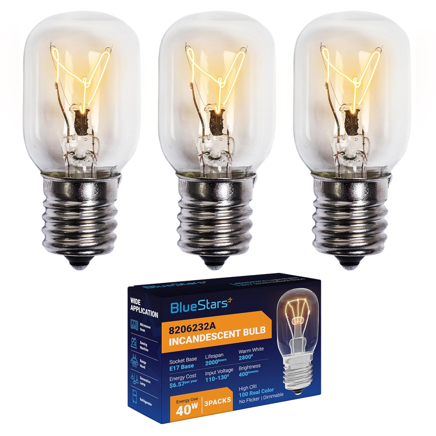 BlueStars 8206232A KEI 125V 40W Microwave Bulb E17 Base Compatible with Whirlpool Microwave Light Bulb Under Hood Lava