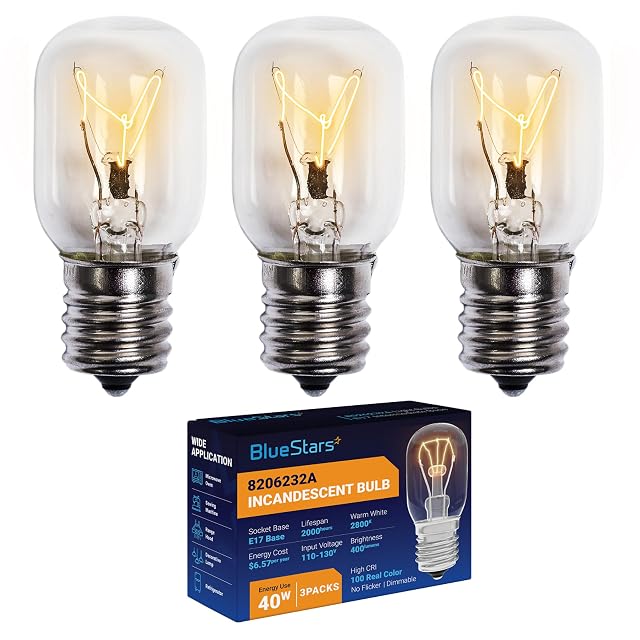 BlueStars 8206232A KEI 125V 40W Microwave Bulb E17 Base Compatible with Whirlpool Microwave Light Bulb Under Hood Lava