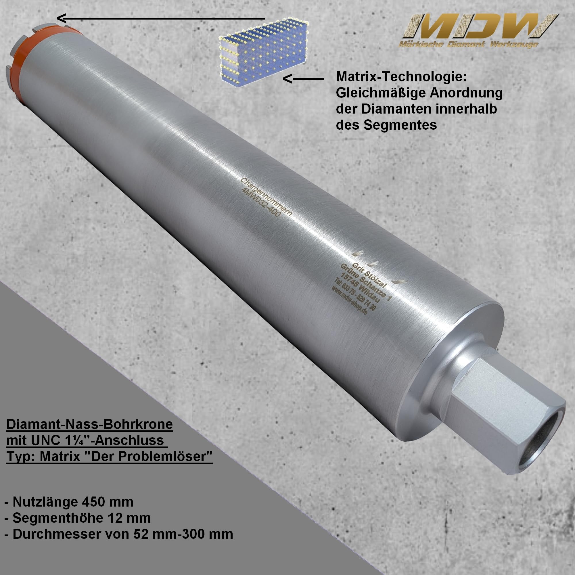 MDW Diamant Bohrkrone Ø 52-250 mm x NL 450 mm Typ Matrix "Der Problemlöser"