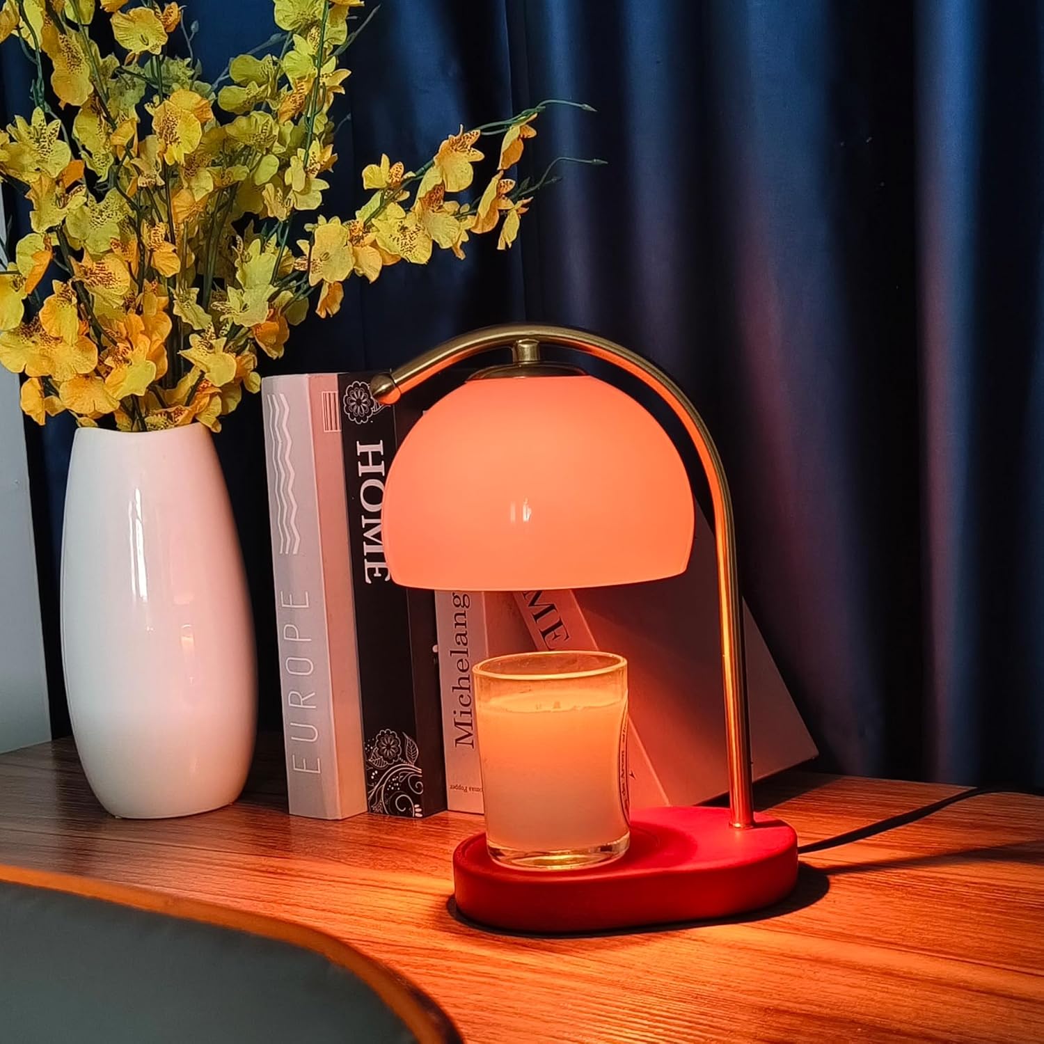 Candle Warmer Lamp, Mid Century Pink Glass Candle Warmer with Timer & Dimmer, Aromatherapy Candle Lamp Bedside Table Lamp for Home Office Decor, Wax Warmer Lamp Gifts for Mom/Her with 2 Bulbs