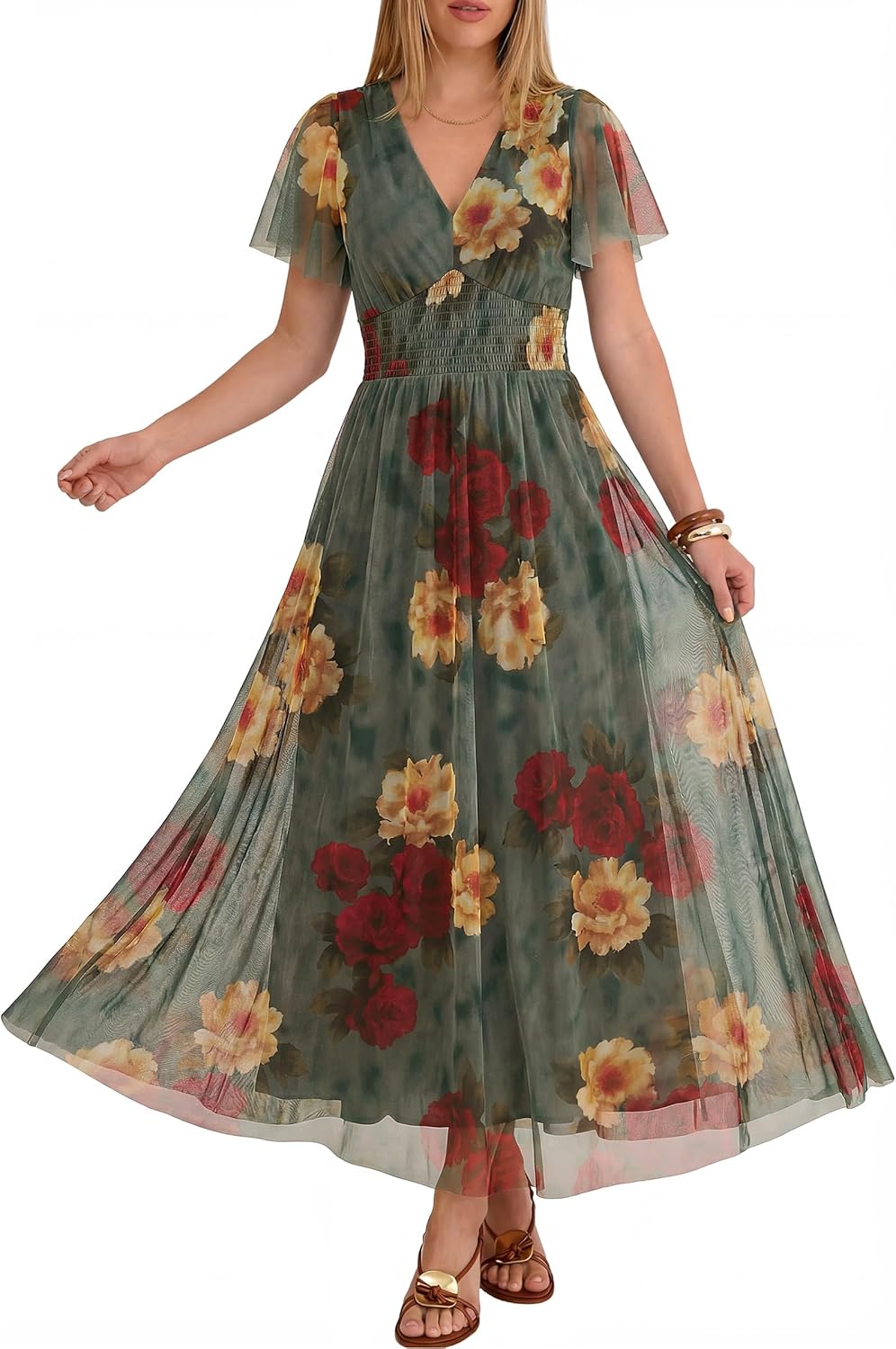 ANRABESS Women Summer Floral Maxi Dress Short Sleeve Boho Flowy Tulle Beach Vacation Wedding Guest 2026 Party Long Dresses