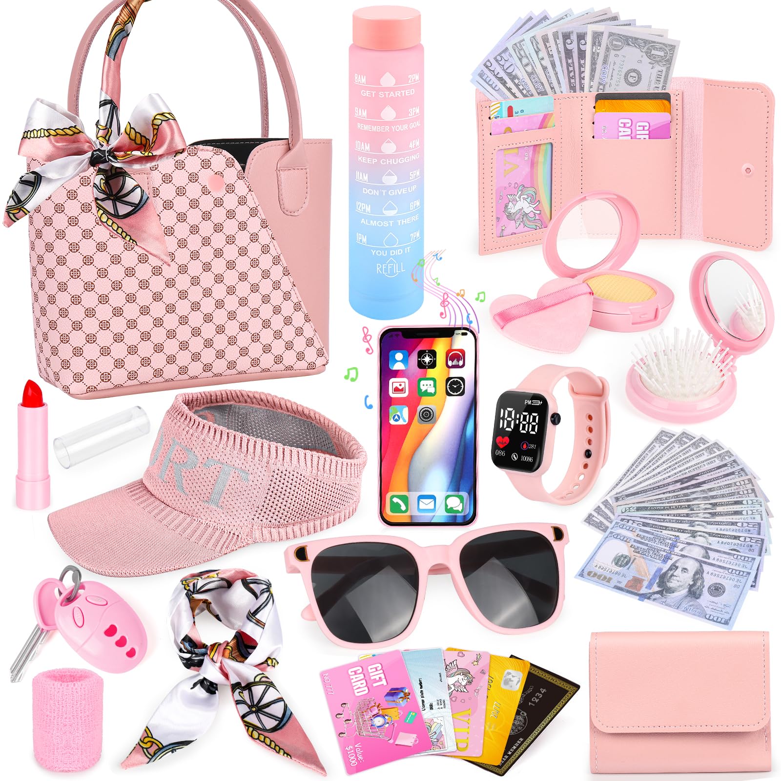 Play Purse for Little Girls, 34PCS Toddler Sports Purse with Sun Hat, Wristbands, Water Bottle, Princess Toys Includes Handbag, Wallet, Pretend Makeup