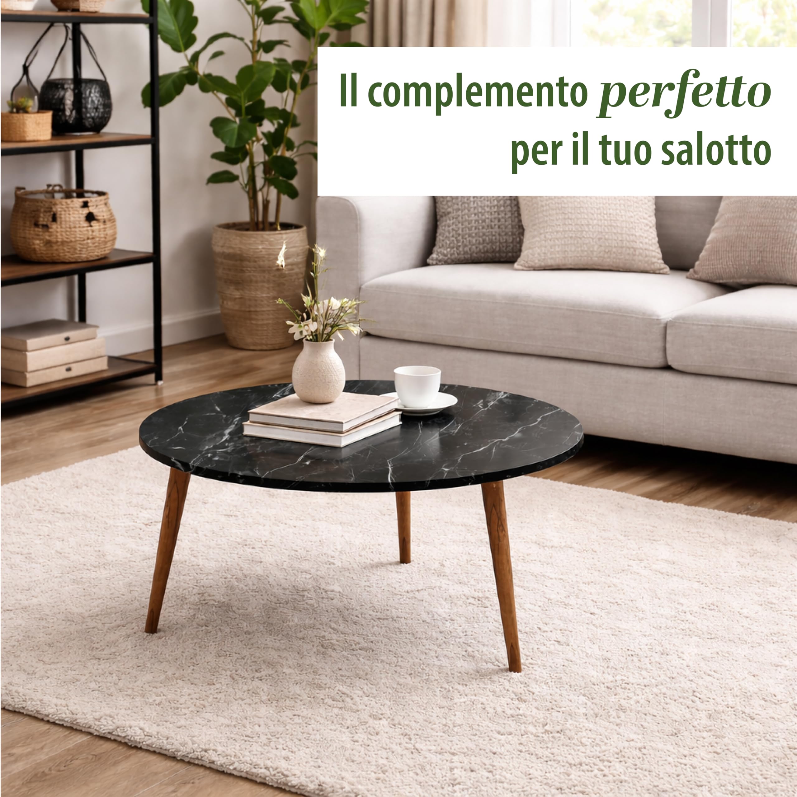 Tavolino Tondo da Caffè in Legno Basso - Moderno, Adatto per Soggiorno, Hall Albergo, Ufficio, Arredamento Casa, Sala da Tè, con 3 Gambe, Elegante - D.75x43h cm (Effetto Marmo Nero)