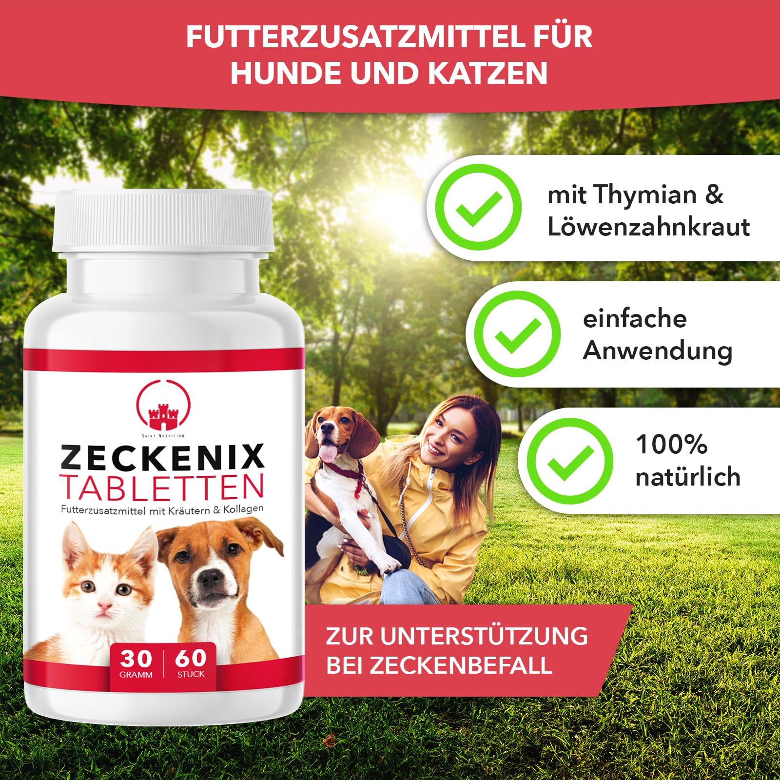 Saint Nutrition® Zeckenix – Pastillas antigarrapatas para perros – Protección contra garrapatas para perros – Complemento alimenticio con ingredientes naturales – Sin aditivos artificiales – 60