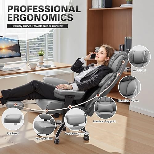 Miniatura 3 de Silla de escritorio de oficina, silla de juegos de cuero grande y alta con reposapiés, sillas de computadora reclinables ejecutivas ergonómicas