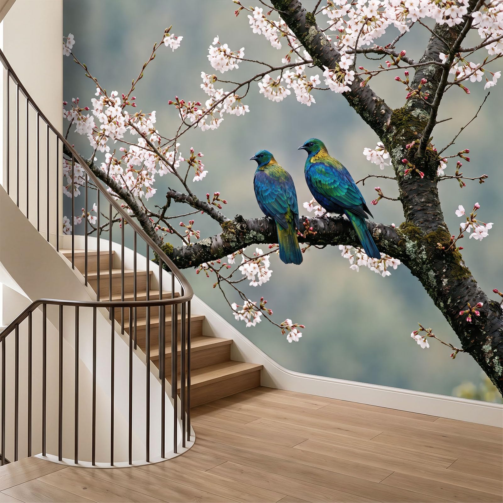 Landschaft Tiere Vögel Kirschblüten panoramiczna tapeta dla chłopców dziewcząt, 350 x 256 cm szary zielony gigantyczny plakat ścienny 3D, dekoracja ścienna premium do salonu, sypialni dorosłych