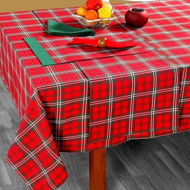 HOMESCAPES Christmas Tablecloth Edward Tartan Check X Mas Design 54 x 90 Inch 100% Cotton White Green and Red Colour Washable at Home