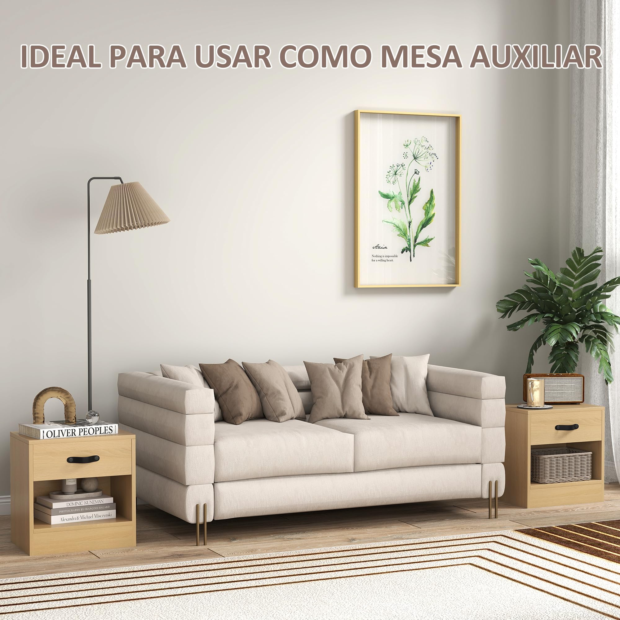 HOMCOM Pack de 2 Mesitas de Noche Estrechas con Cajón 39x28x41 cm Natural