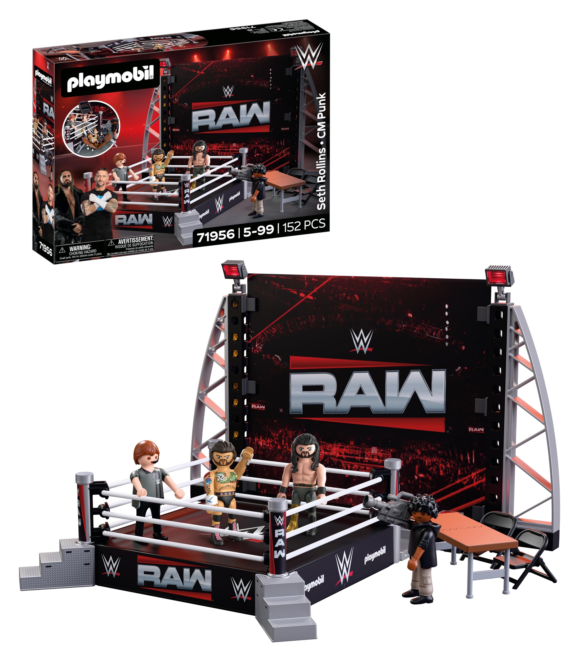 PLAYMOBIL | WWE® | RAW Ring Collectors Set | Wrestling‑Ring mit cm Punk, Seth Rollins, Ringrichter, Kameramann & Zubehör | Für Fans ab 5 Jahren | 71956