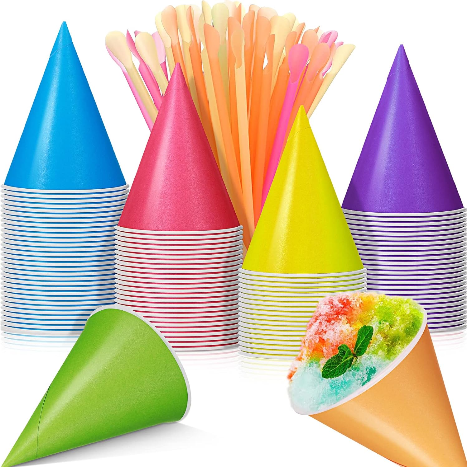 Boao 100 Pieces Snow Cone Cups 4.5 OZ Leakproof Matching 100 Pieces Spoon Straws for Snow Cone Syrups Slush Shaved Ice Cream Sorbet Water(Classic Style,Colorful,4.5 oz)