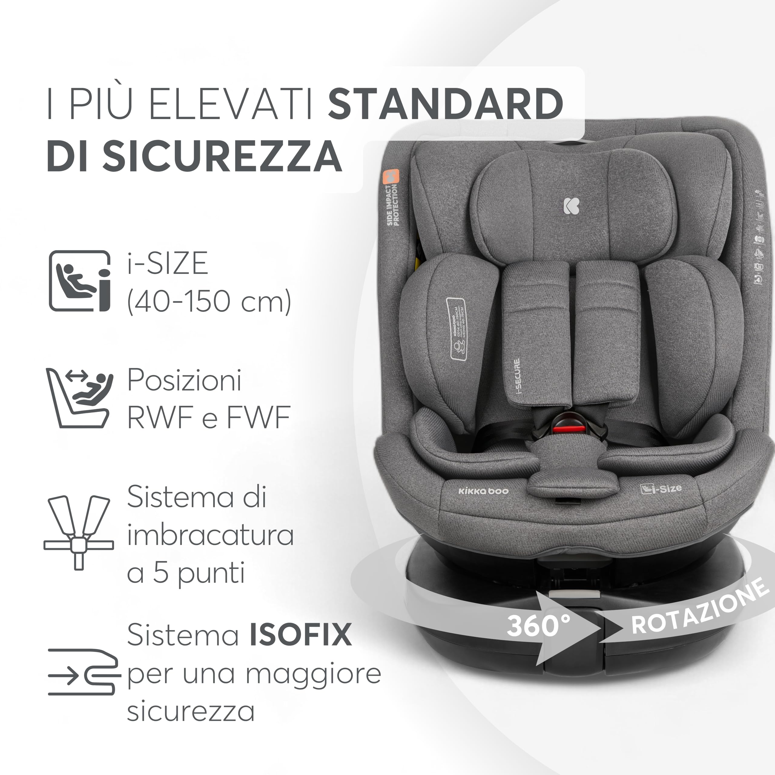 KikkaBoo Seggiolino Auto 0-36 kg i-SECURE, Gruppo 0 1 2 3, ISOFIX, i-Size, Rotante a 360º, 40-150 cm, Da 0 a 12 Anni, 12 Posizioni Poggiatesta, Grigio chiaro