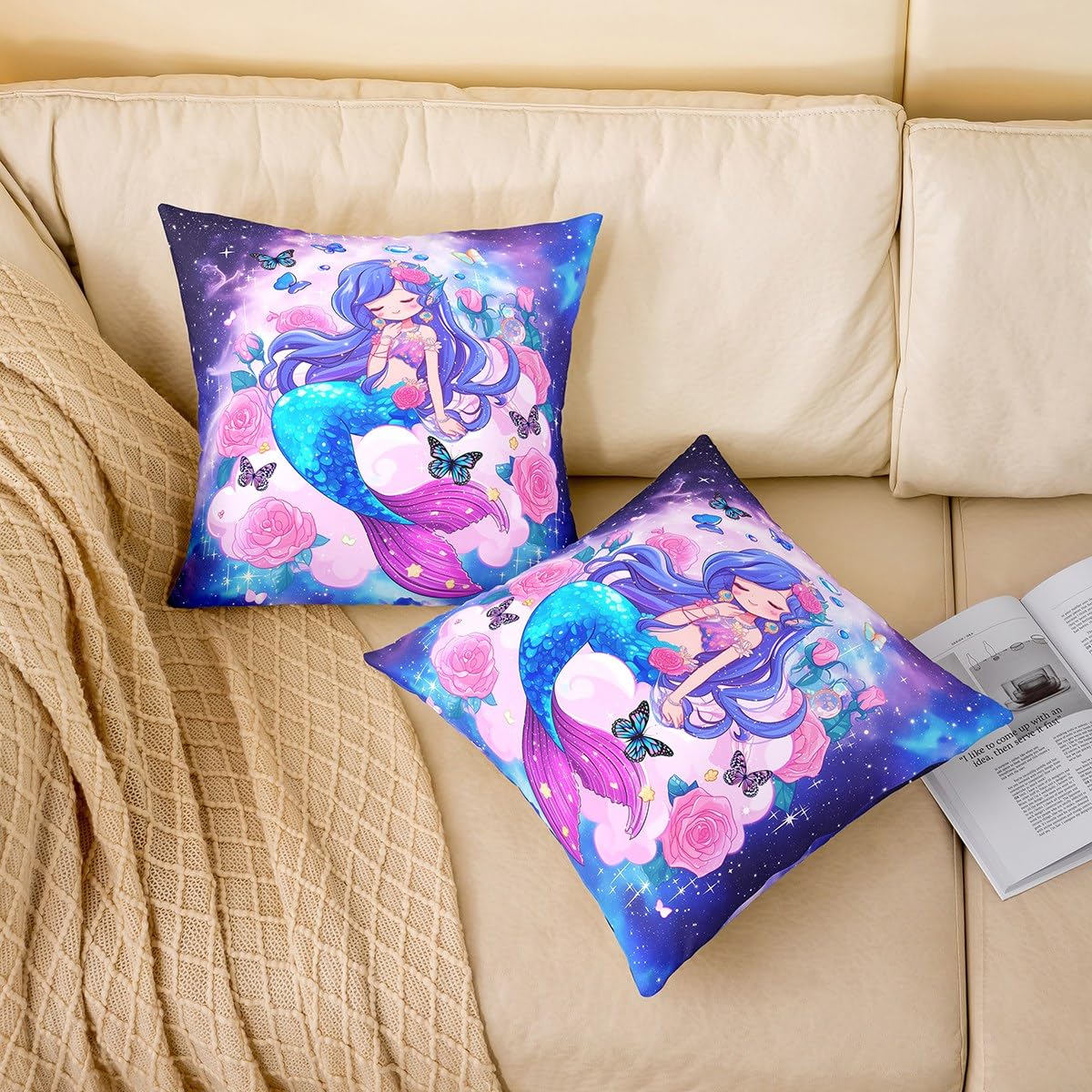 Homewish Blue Cartoon Mermaid Pillow Cover Watercolor Romantic Pink Rose Cushion Case for Kids Girls Teens Starry Galaxy Dreamy Butterfly Cushion Cover for Party Bed Sofa 20x20 Inch