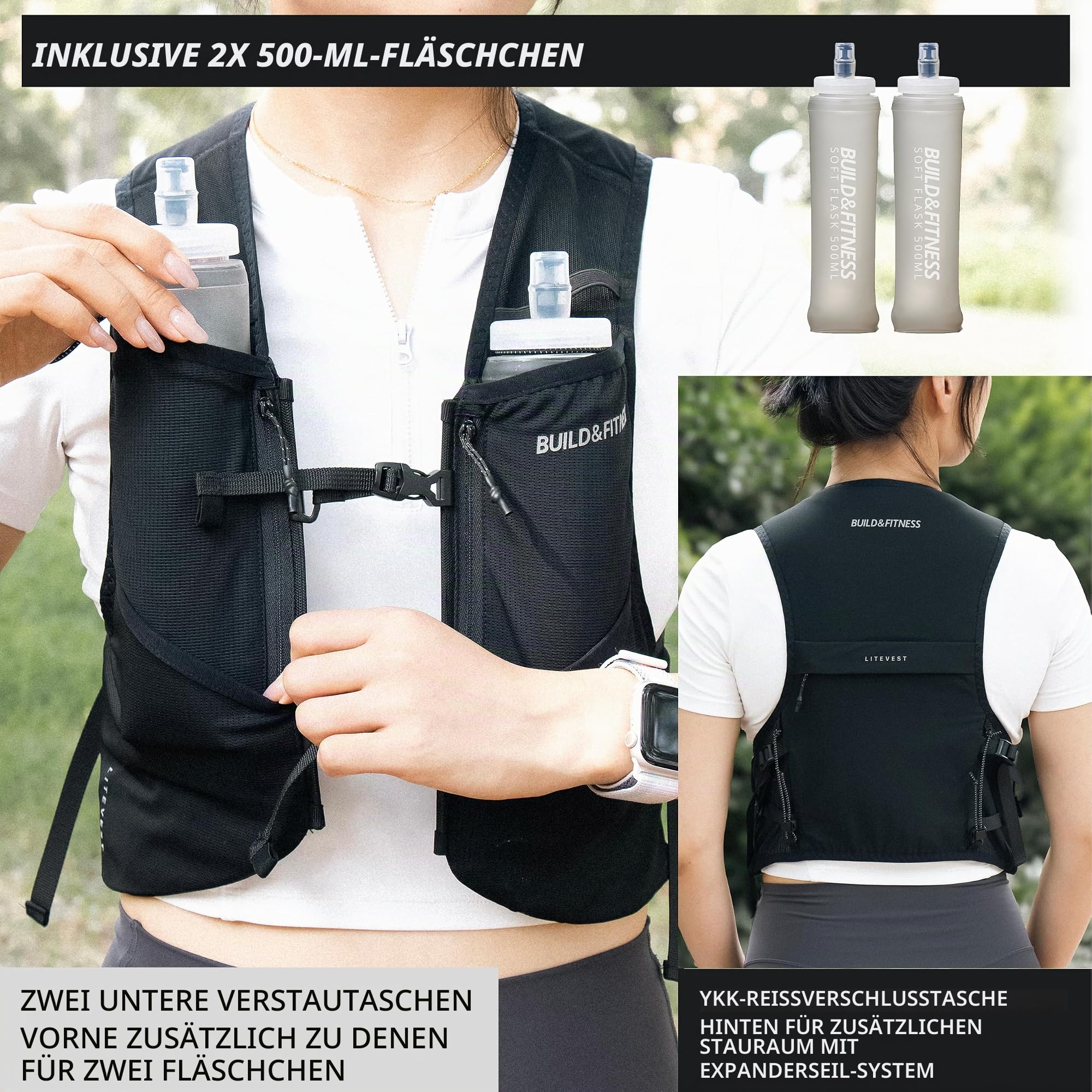 Build & Fitness LITEVEST Laufweste mit 2 x 500 ml Soft Flasks – 7 Taschen, leichte, atmungsaktive Trinkweste – Premium, sicher, bequem und stylisch für Training, Trails, Marathons und Alltagsläufe